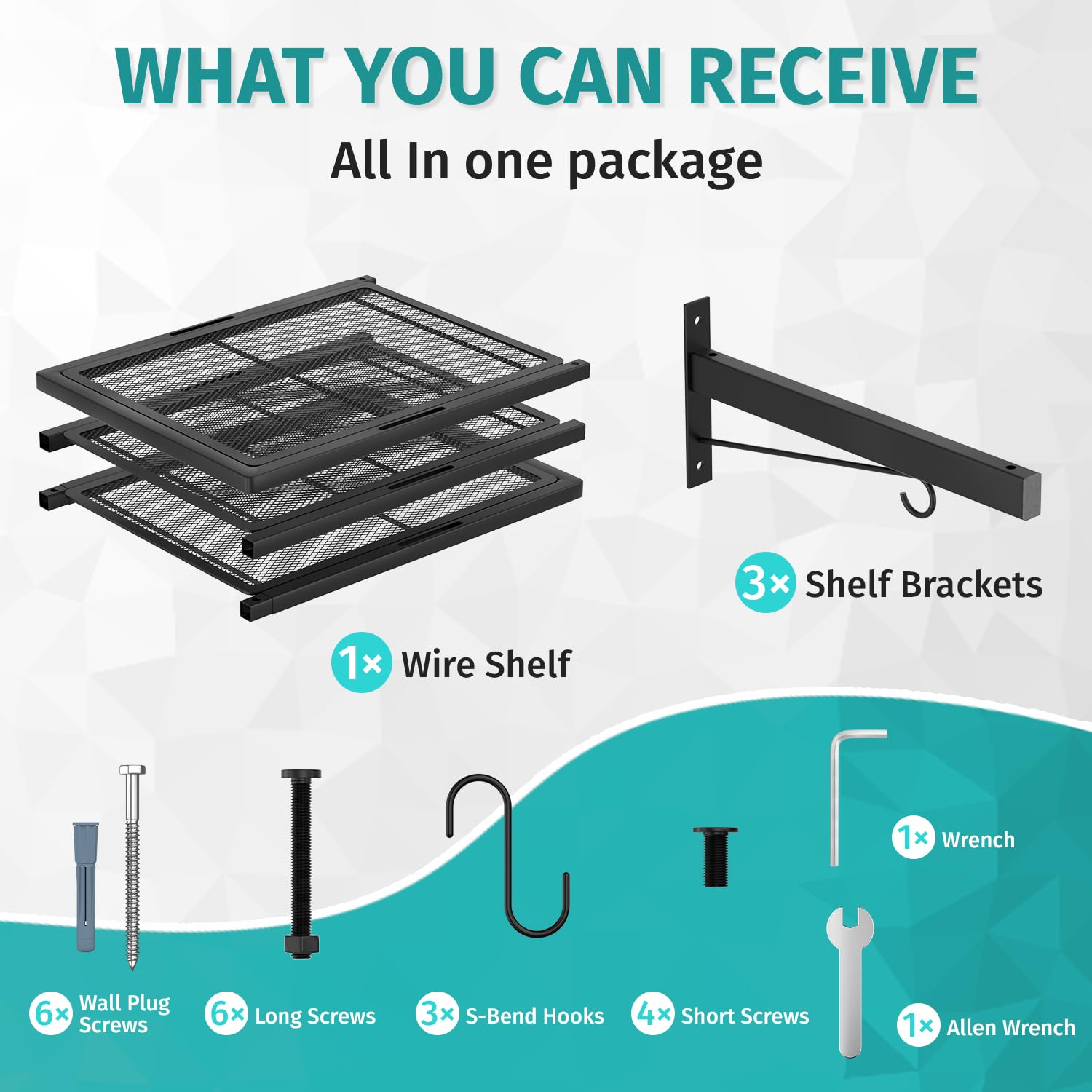 Scaffalatura da parete per garage, 116 x 32,6 cm, mensola per garage da parete, resistente, capacità 81,6 kg, scaffale galleggiante con 4 ganci, organizer in metallo nero per cantina, officina