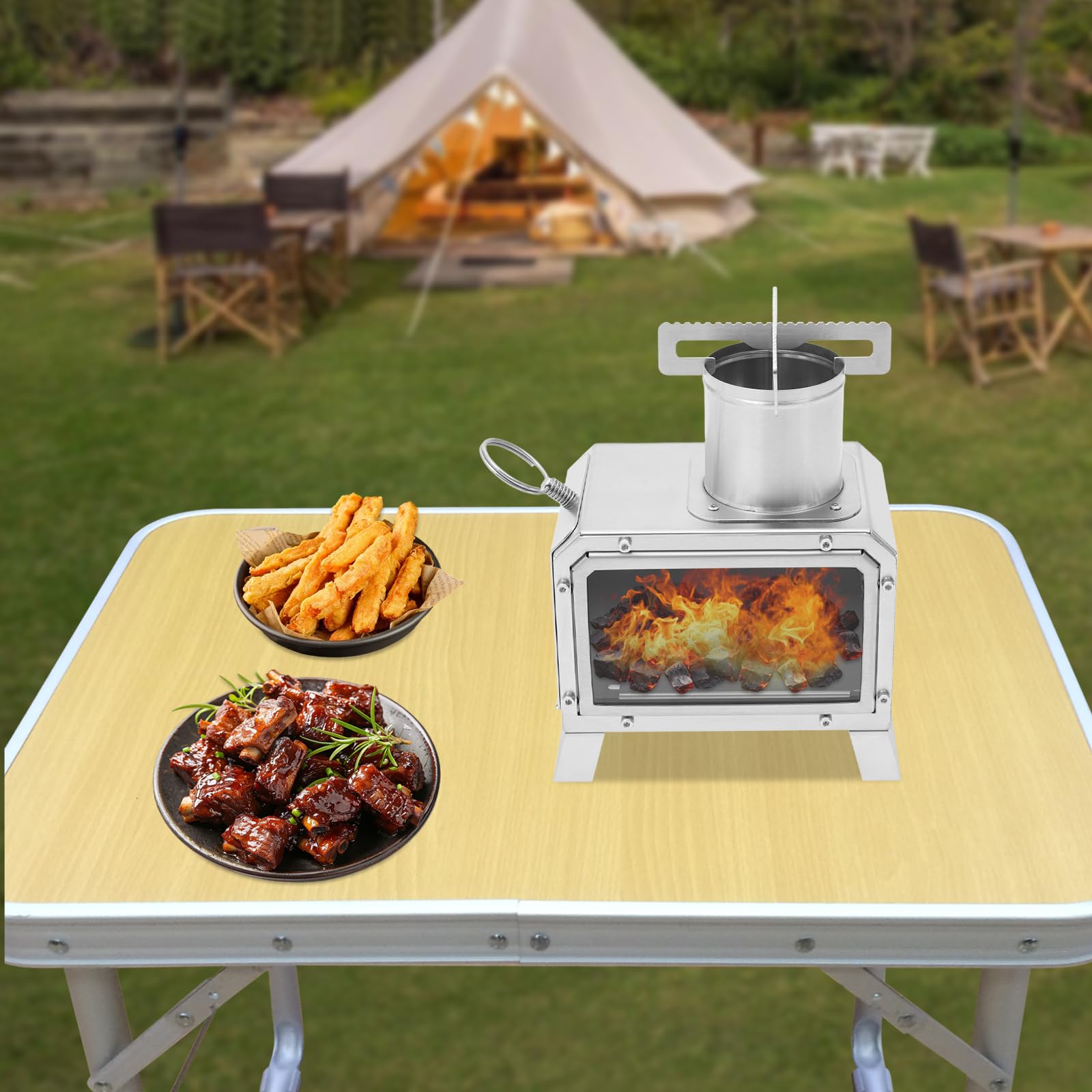 Réchaud de camping 18,5 x 12,8 cm - Pliable - Portable - Compact - Petit carburateur à bois - Pour le camping, la randonnée, la pêche sur glace et les excursions de chasse