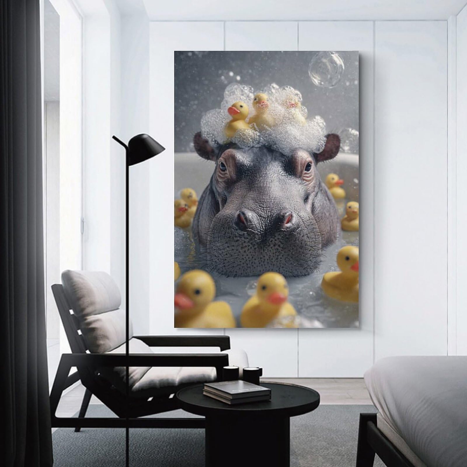 Junmoney Hippo in Bathtub with Rubber Ducks Decorative Wall Artwork, 16x24inch(40x60cm), for Home Lounge, Bedroom Or Reading Nook, Eye Catching Artwork for Blank Walls