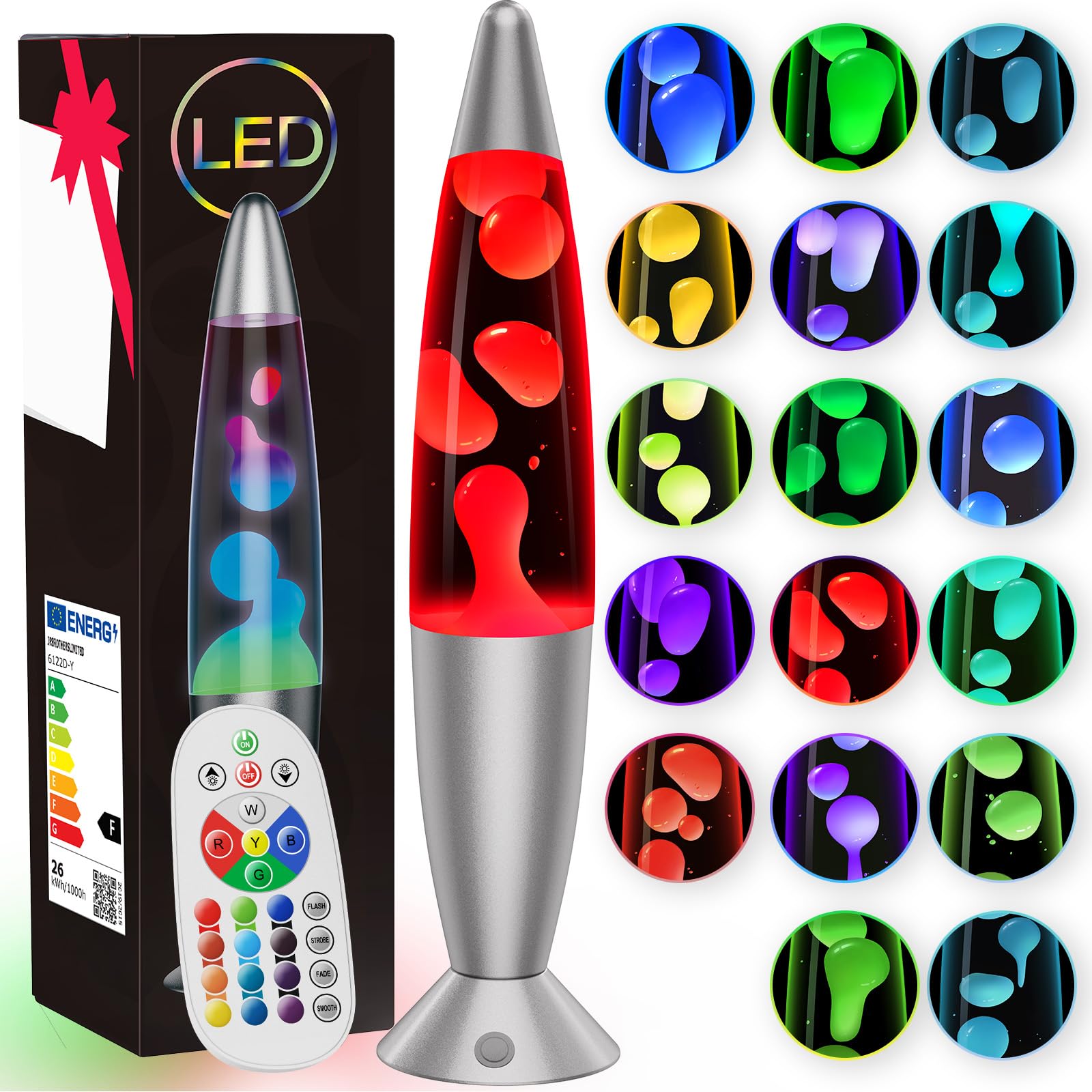 Soarling 13.5" Lavalampe, Art Deco Retro Lampe mit 17 RGB Farben & Fernbedienung, Große Deko-Lampe für Erwachsene & Kinder, Partybeleuchtung mit Flüssigkeitseffekt(Silber)