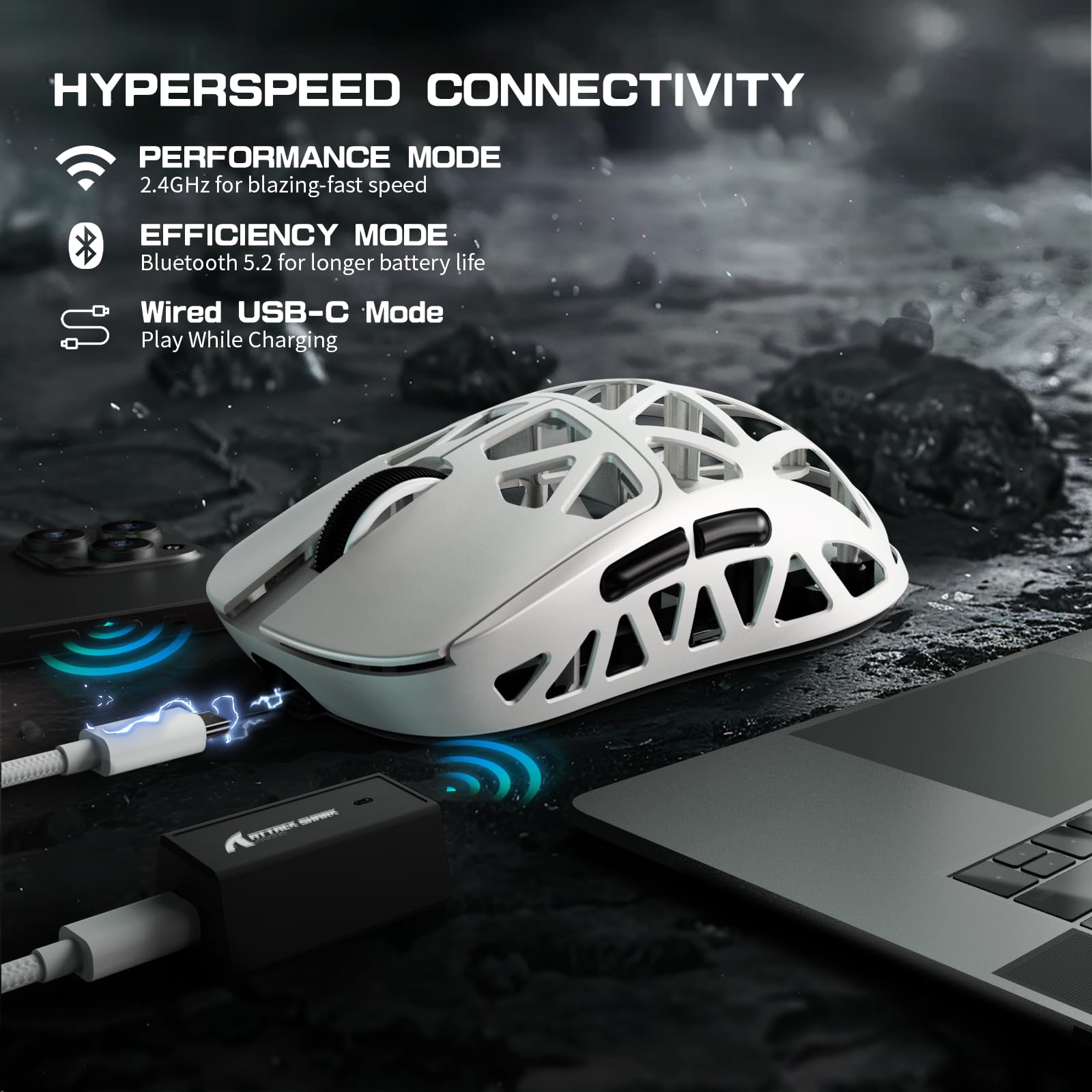 ATTACK SHARK R2PRO 45g SUPERLIGHT Gaming Mouse in Lega di Magnesio, PixArt PAW3950, 42000DPI, Wireless 8000Hz Tasso di Polling, G502 Mouse da Gioco, 2.4G/BT/Cablato, con Cavo a Spirale, PC/Mac, Bianco