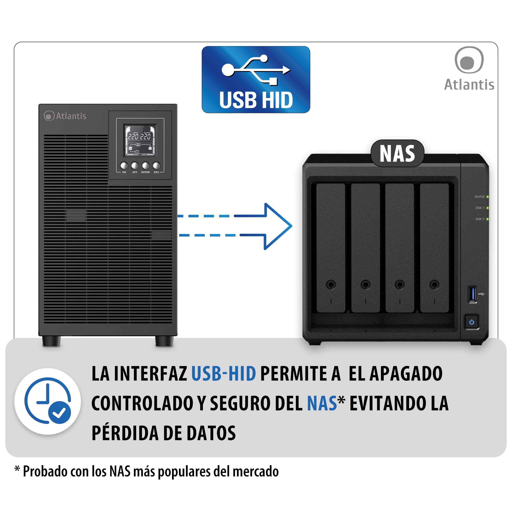 Atlantis A03-OP3002XLN UPS Sistema de alimentación ininterrumpida Online Doble conversión Onda sinusoidal Pura 75% más silencioso 3000VA 2100W, 31,3 dbA, USB, RS-232, 4 IEC, Ranura SNMP, 6x12V 9Ah