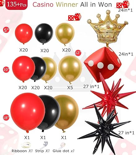Miniatura 4 de Kit de arco de guirnalda de globos dorados y rojos con temática de casino con globos de corona de dados de estrella para decoración de fiesta de