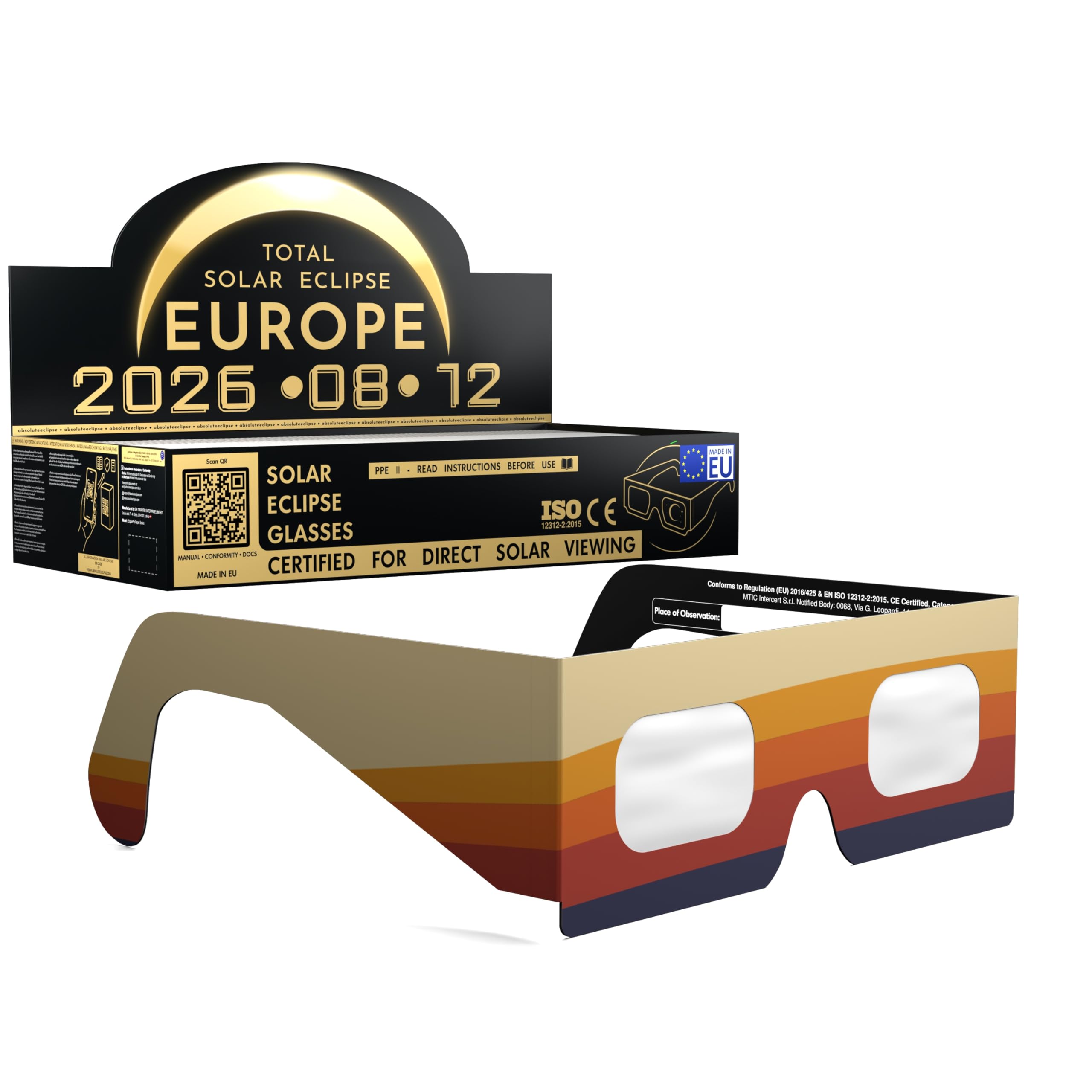 Solar Eclipse Glasses ISO 12312-2 CE Certified | Safe Solar Viewing Glasses UK | Paper Cardboard Frame | Total Solar Eclipse August 2026 | Made in EU | 100 Pack | Peace โ image 1