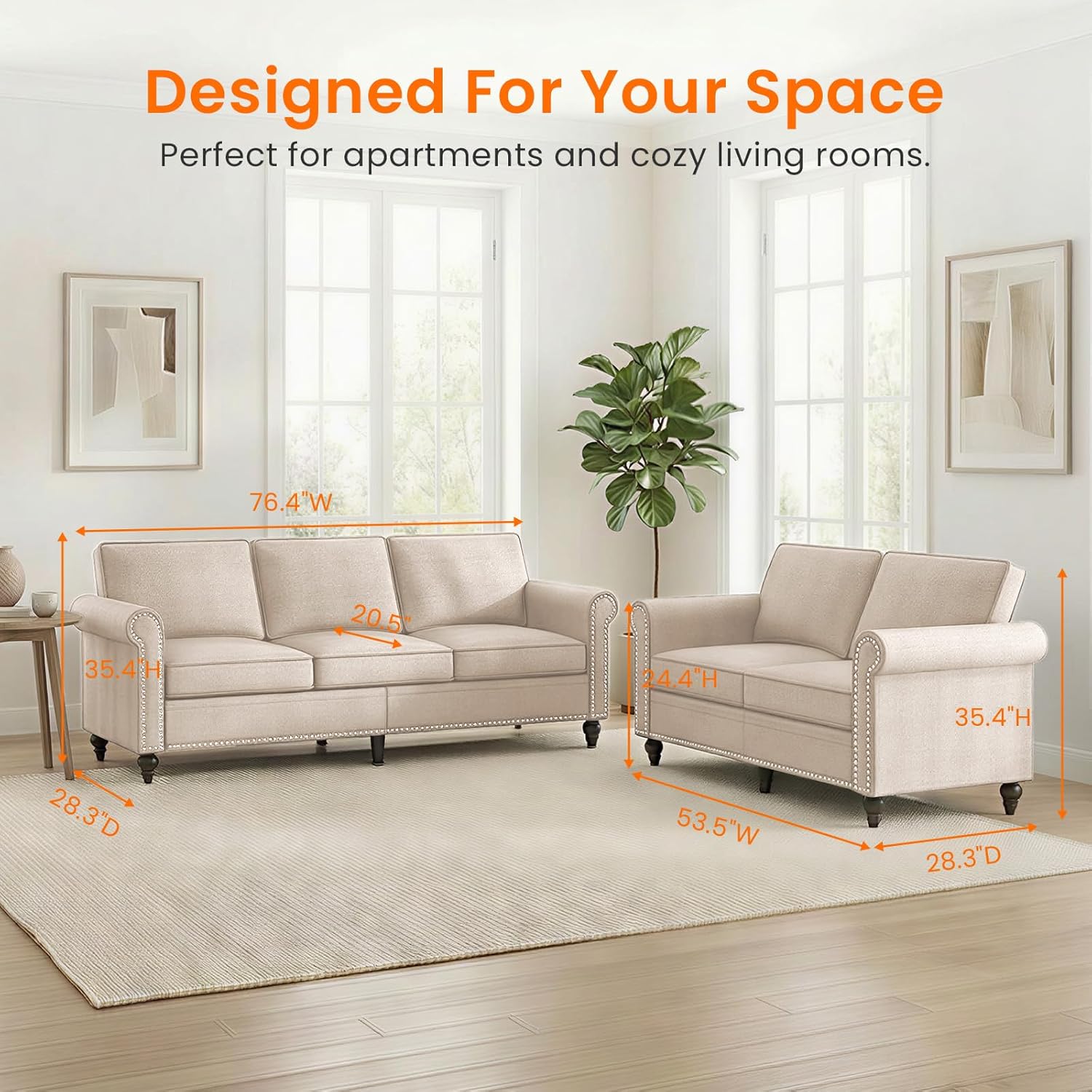 Living Room Sofa Sets 2 Piece, Modern 3 Seater Sofa and Loveseat Couch Sets, Linen Fabric 3 Seat + 2-Seat Couch Furniture Sets for Apartment