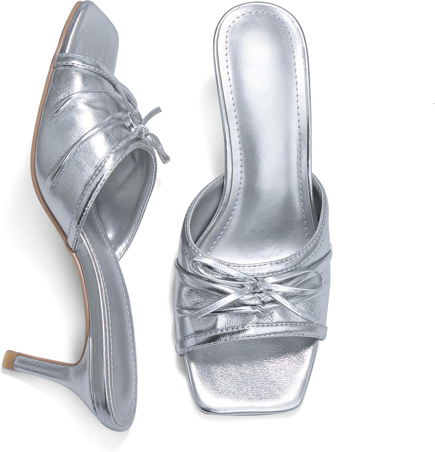 Open Toe Kitten Heels Bow Sandals Slip On Almond Toe Cutout Elegant Mule Sandals for Wedding Party Summer Shoes