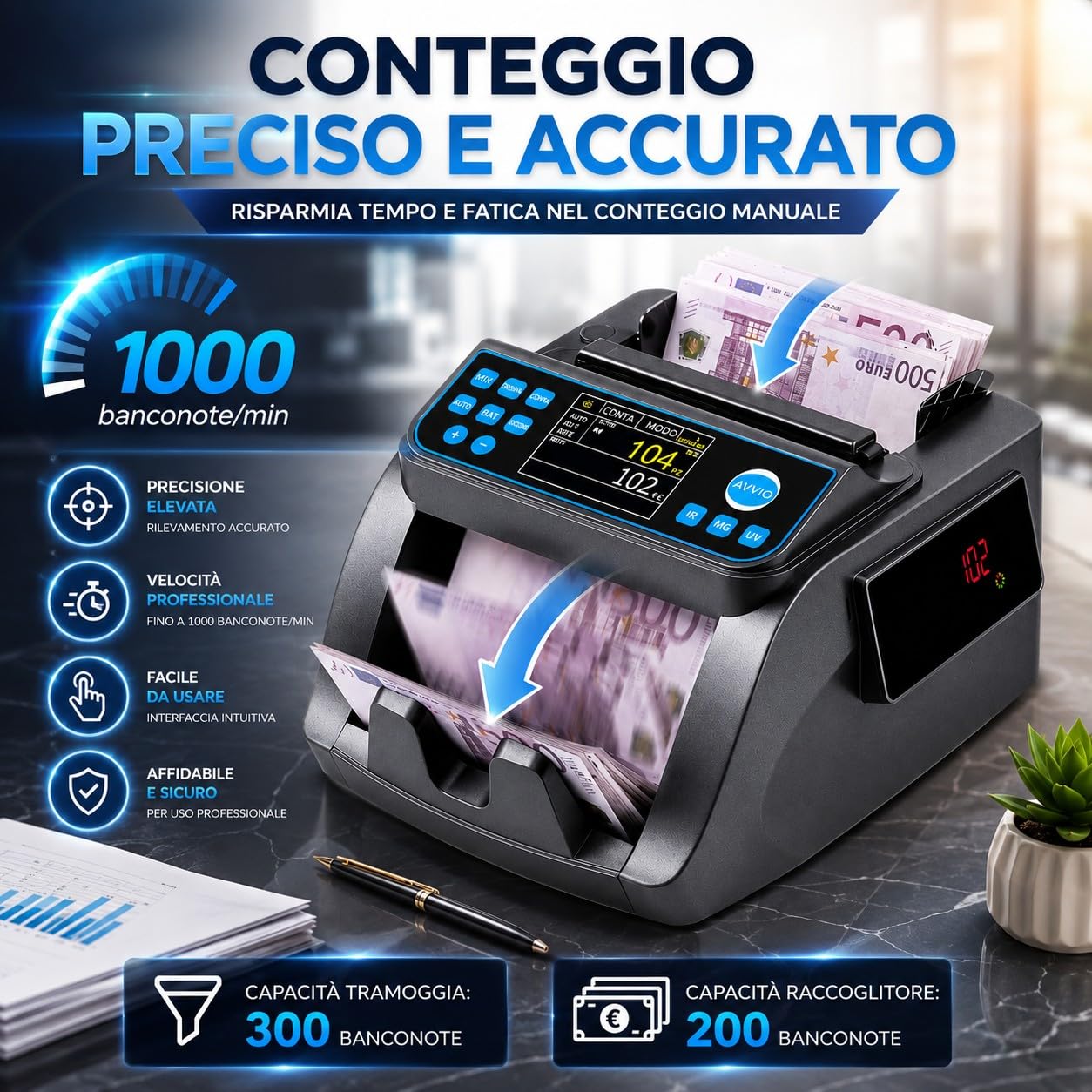 Macchina Contabanconote Professionale Multivaluta Euro Dollari Contatore Misto con Rilevatore Banconote False UV MG Doppio Display LCD Conteggio 1000 Banconote/min
