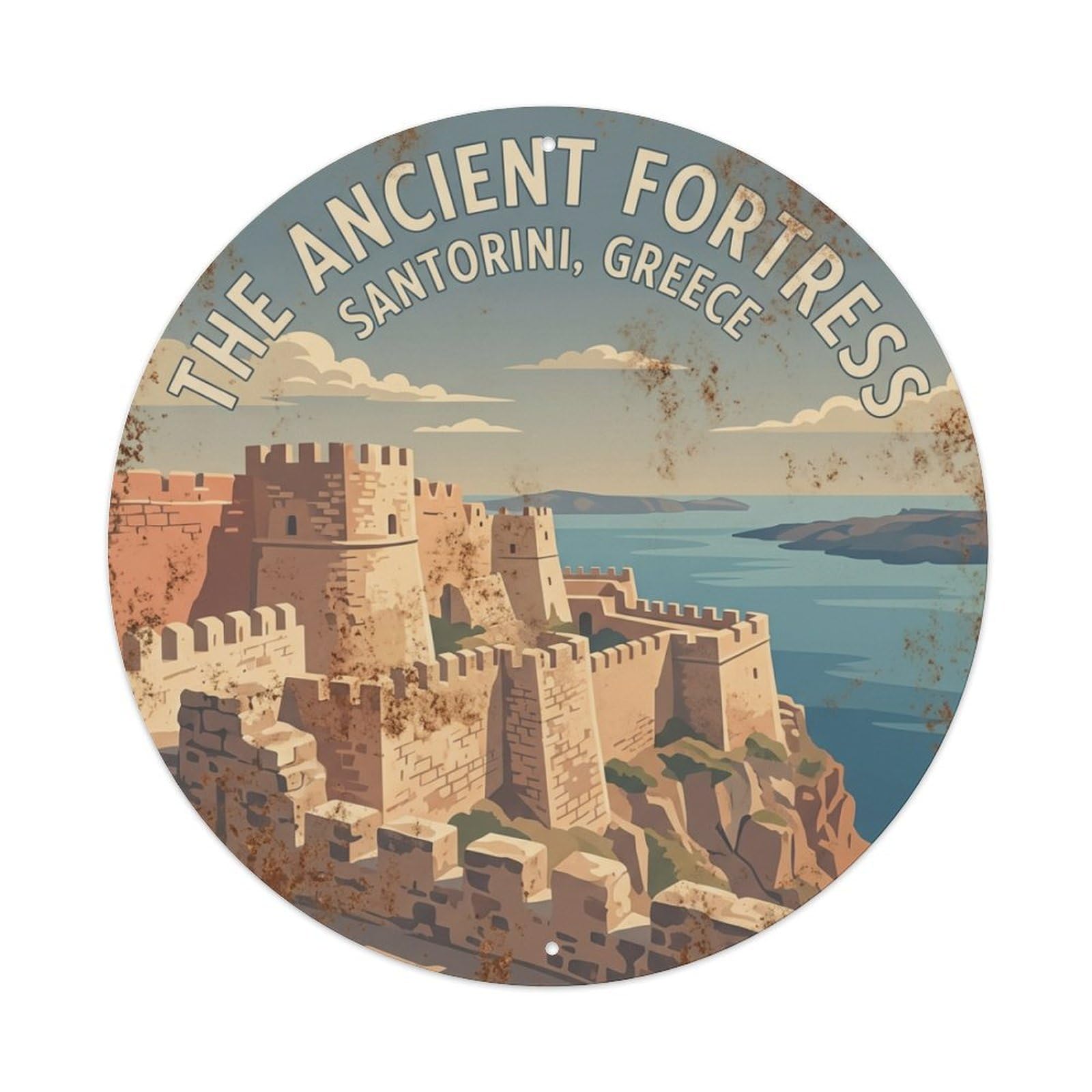 Galvaxio Style Vintage Travel Fortress Santorini Ancient Metal Tin Sign