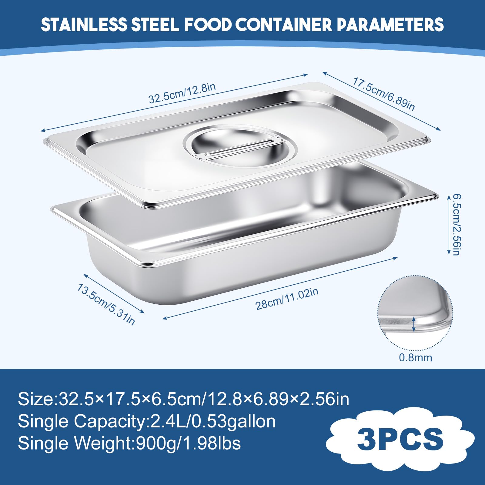 GN Lot de 3 bols empilables avec couvercle 1/3 - 32,5 x 17,5 x 6,5 cm En acier inoxydable durable Épaisseur : 8 mm Résistants à la rouille Pour panures, marinades