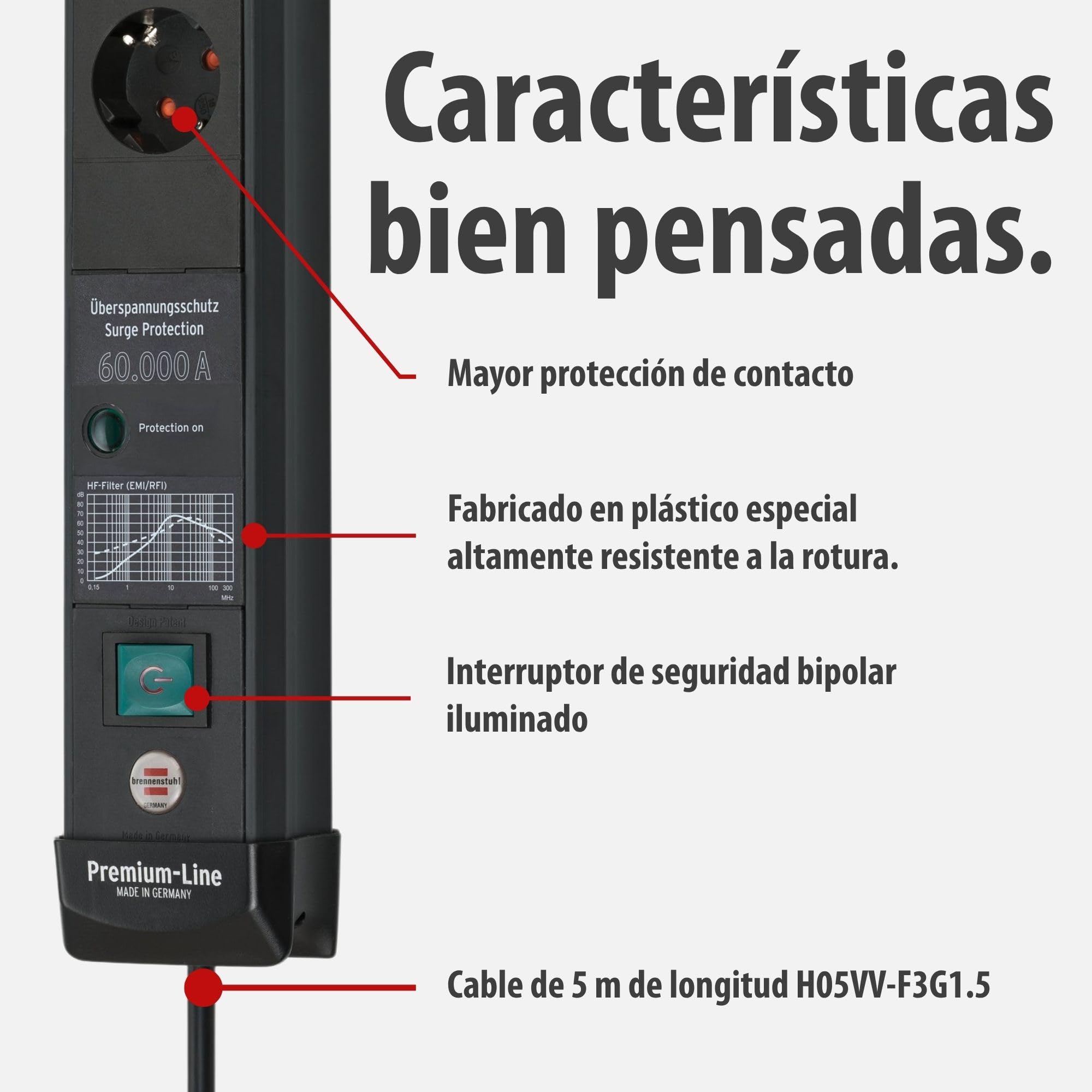 Brennenstuhl Premium-Line regleta enchufes de 6 Tomas con protección contra sobretensiones hasta 60.000 A (Cable de 5 m, Interruptor, montable, Fabricado en Alemania) Negro