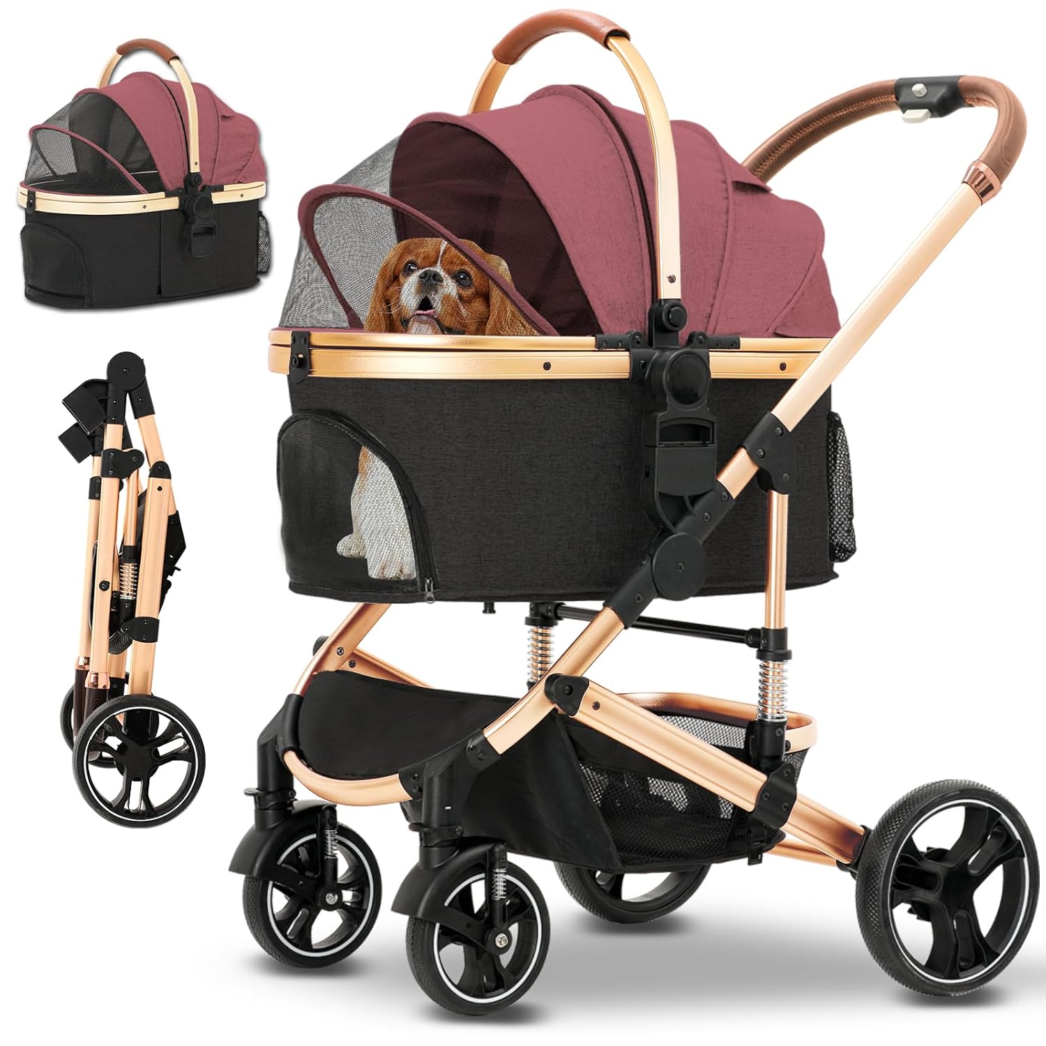 Pet Stroller 3 in 1 Folding Lightweight Dog Stroller with Detachable Carrier & Storage Basket, Premium 4 Wheels Travel for Puppies, Doggies, Kitties (Red)