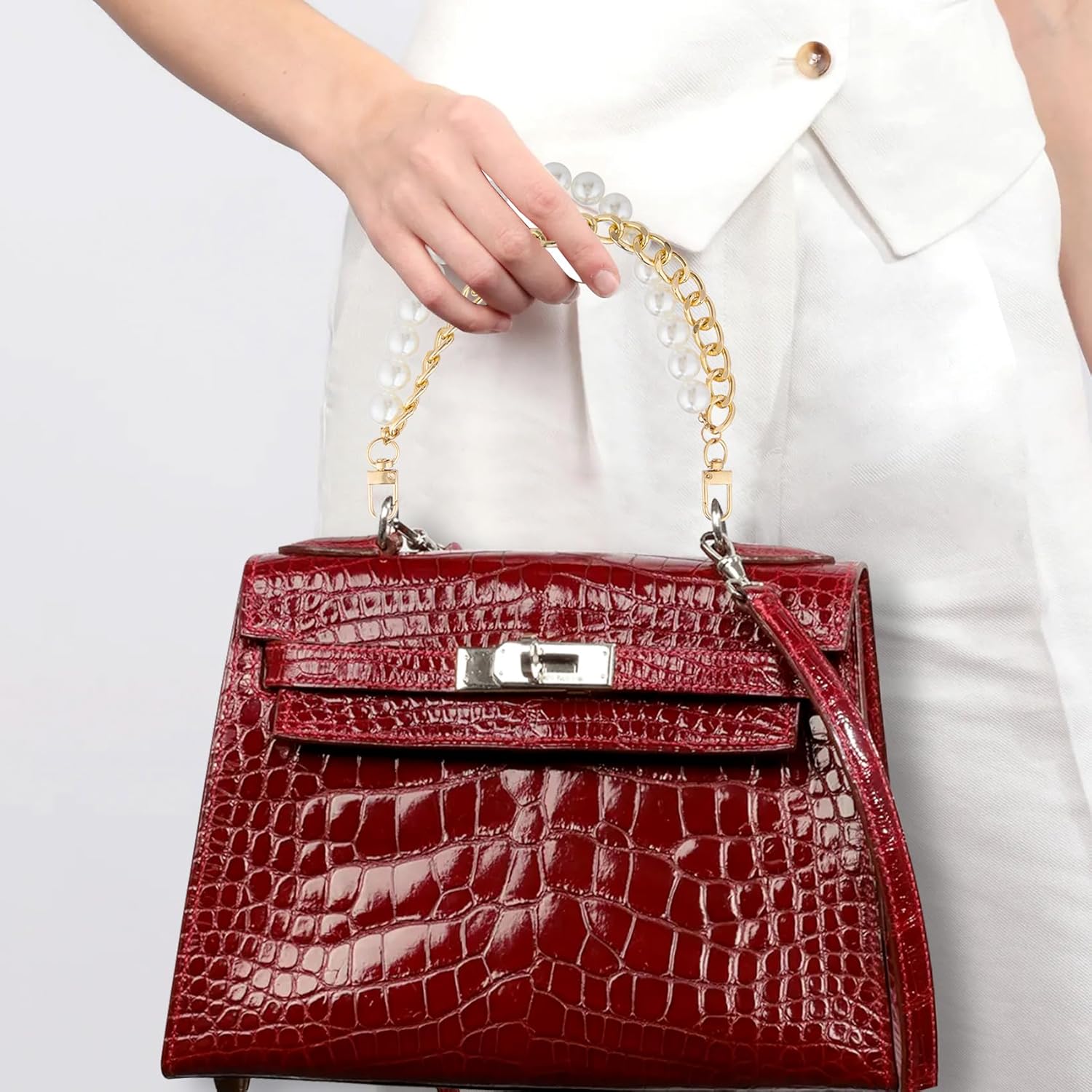 1PCS Pearl Purse Extender Chain, Gold Bag Charm Handle, 14 mm Big Pearl Short Straps Replacement Decoration for Crossbody Bags, Handbags, Accessories for Bags with Metal Buckles - Image 6