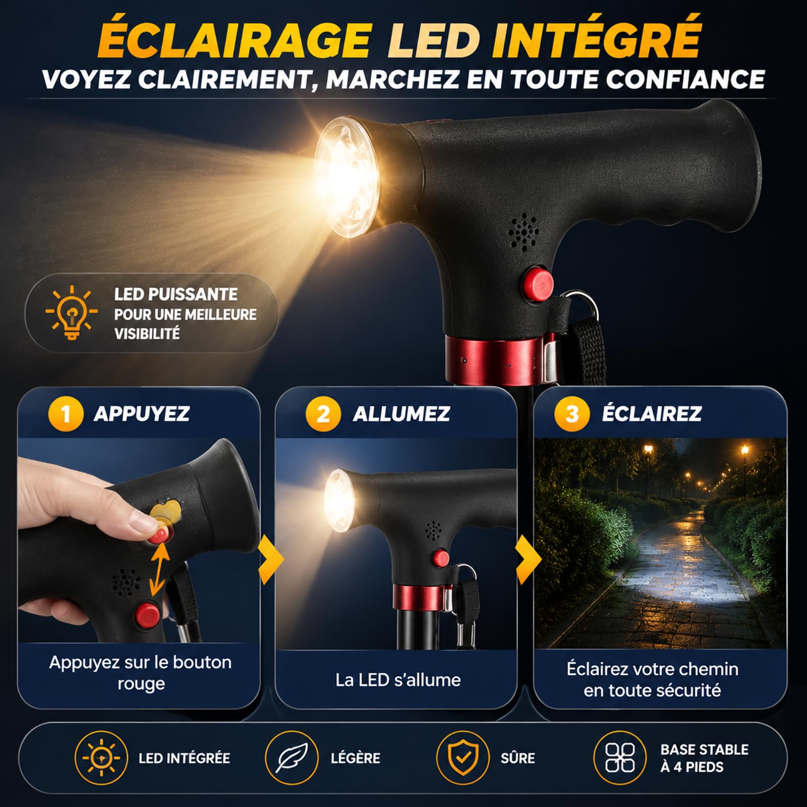 Astuvita Canne de Soutien avec Éclairage LED et Alarme de Sécurité - Canne de Marche Ergonomique et Lumineuse - Poignée Astuvita Confort - Aide à la Mobilité pour Senior - Pliable et Stable