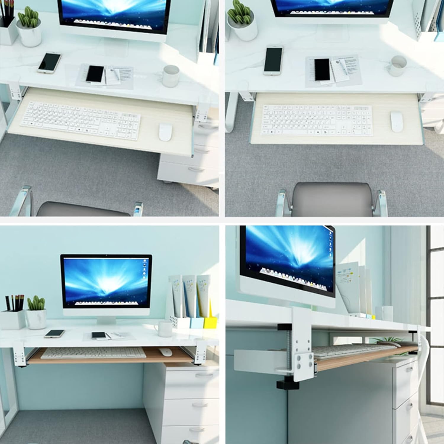 木製キーボードトレイ（6色展開）55/65/75 x 30 cm キーボードとマウス収納用引き出し付き 取り付け簡単 穴あけ不要 デ