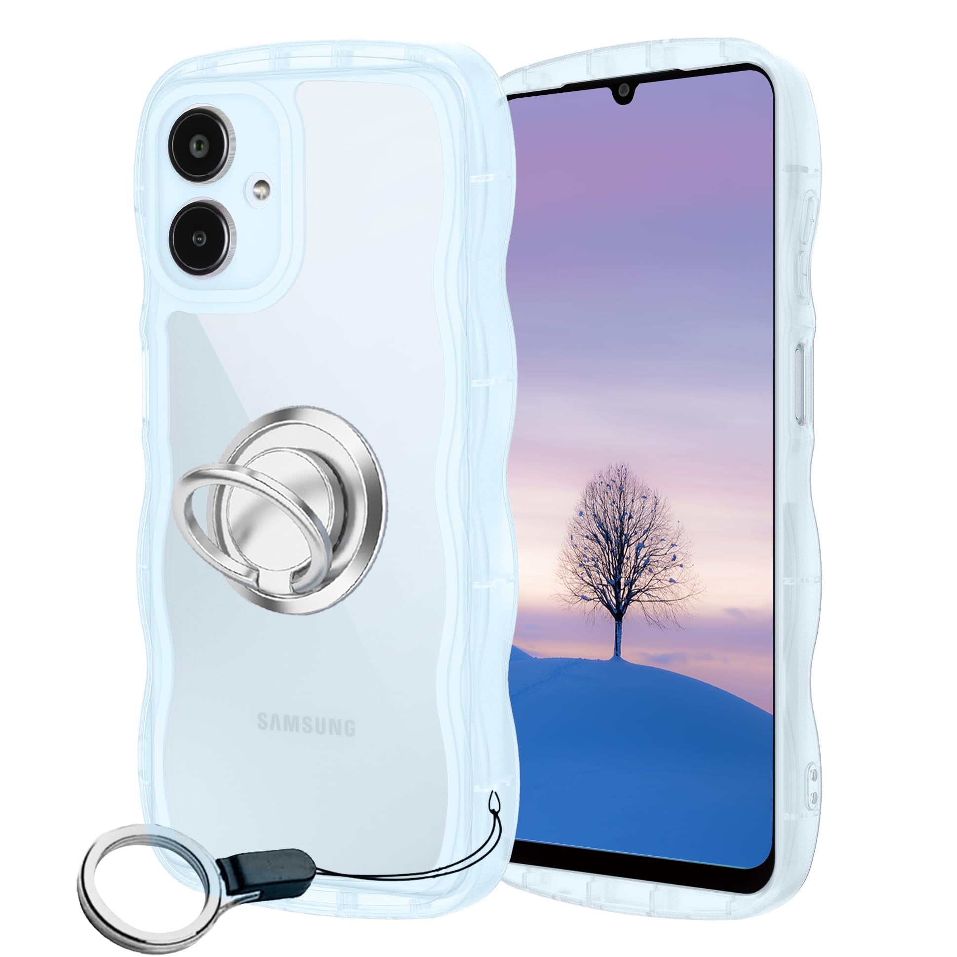 Galaxy A25 5G ケースブルー ウェーブ リング付き TPU波状のバンパー 半透明 スマホケース かわいい うねうね ギャラクシーA25 5G SC-53F SCG33 ウェーブ デザイン 可愛い 韓国 女性用 薄型 人気 おしゃれ 耐衝撃 ストラップホール付き(ブルー)