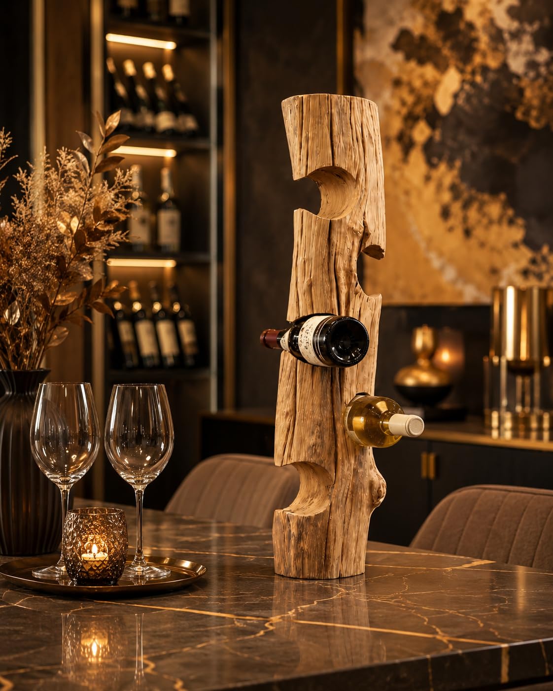 KENYON luxuriöses Weinregal aus Premium-Qualität Teakholz | Handgefertigtes Treibholz-Weinregal für 5 Flaschen – Exklusiv Weinflaschenhalter Holz als dekorativer Weinständer (75×14×14 cm)