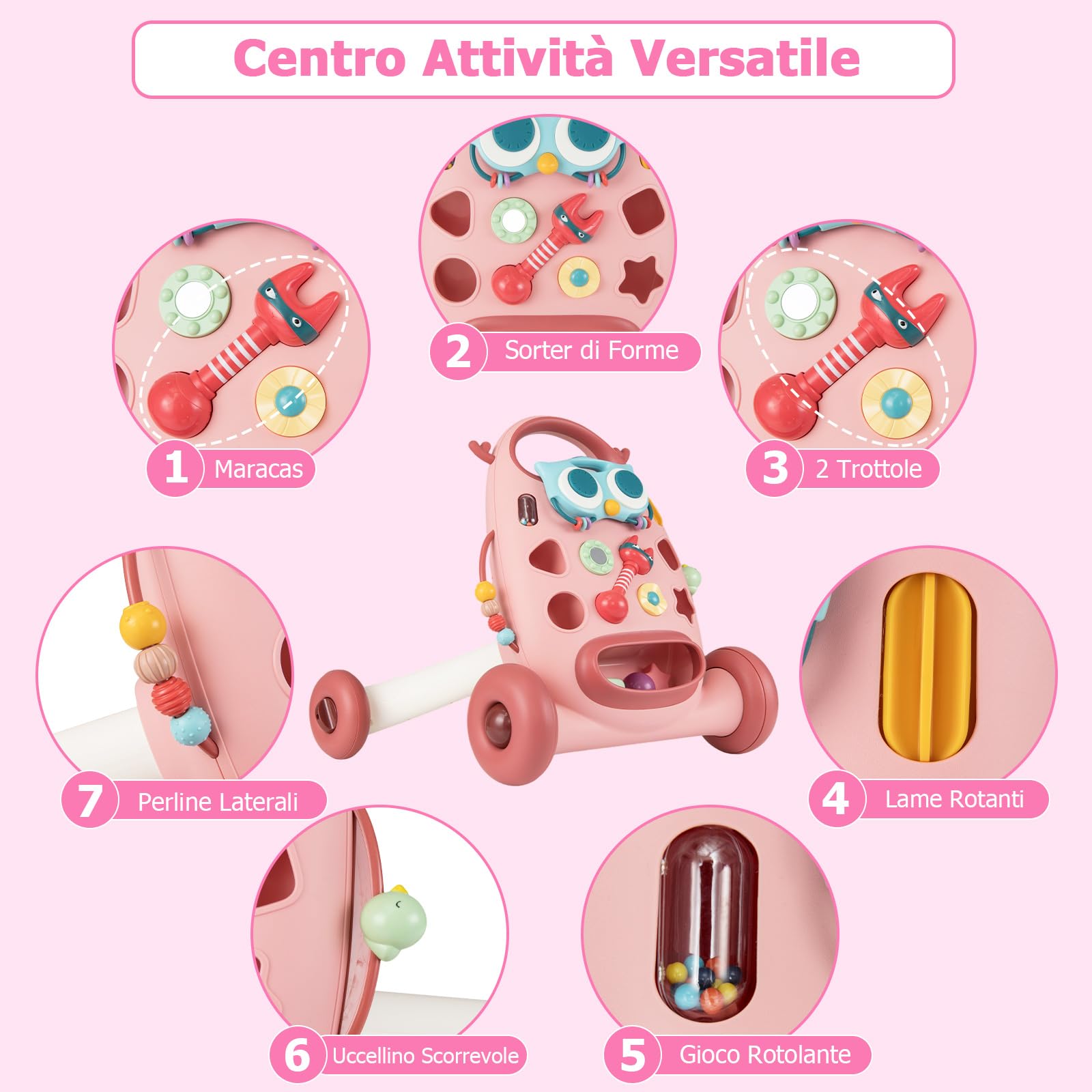 COSTWAY Primi Passi per Bambini, Girello Neonato con Giocattoli Montessori, Camminatore Educativo con Musica e Luci, Spazio di Conservazione, per Bambini 6-36 Mesi (Rosa, 57 x 42 x 45,5 cm)