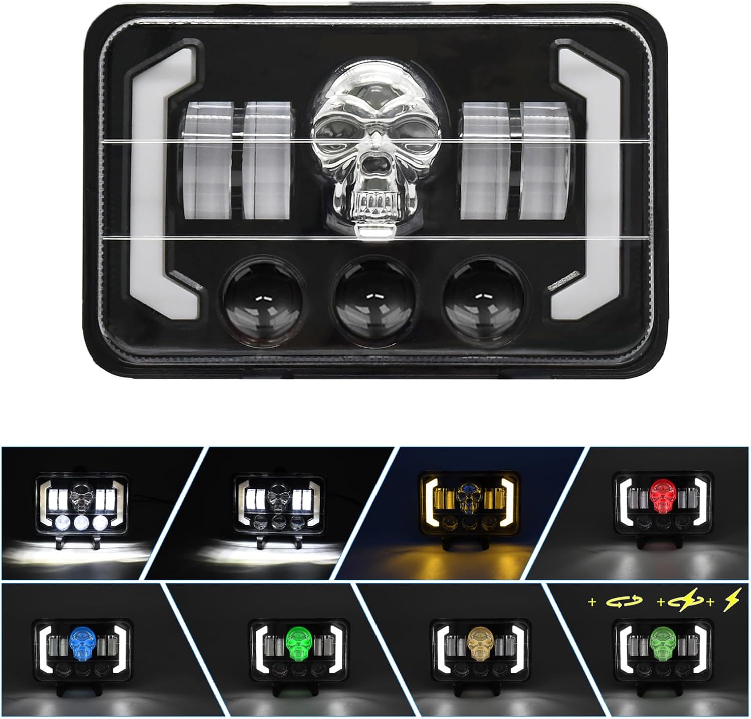 Shkalacar 60W 4x6 Inch LED Headlights Rectangular Skull with High/Low Beam DRL Turn Signal Compatible with H4651 H4652 H4656 H4666 H6545 Peterbilt Kenworth Freightinger Ford Probe Oldsmobile Cutlass