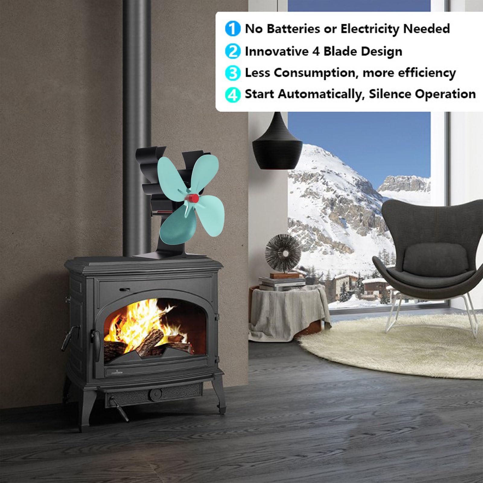 mingzhe Ventilatore per Camino Ventilatore per Stufa a Legna Alimentato a Calore 4 Pale in Stile Natalizio Decorazioni Natalizie - Lega di Alluminio Resistente