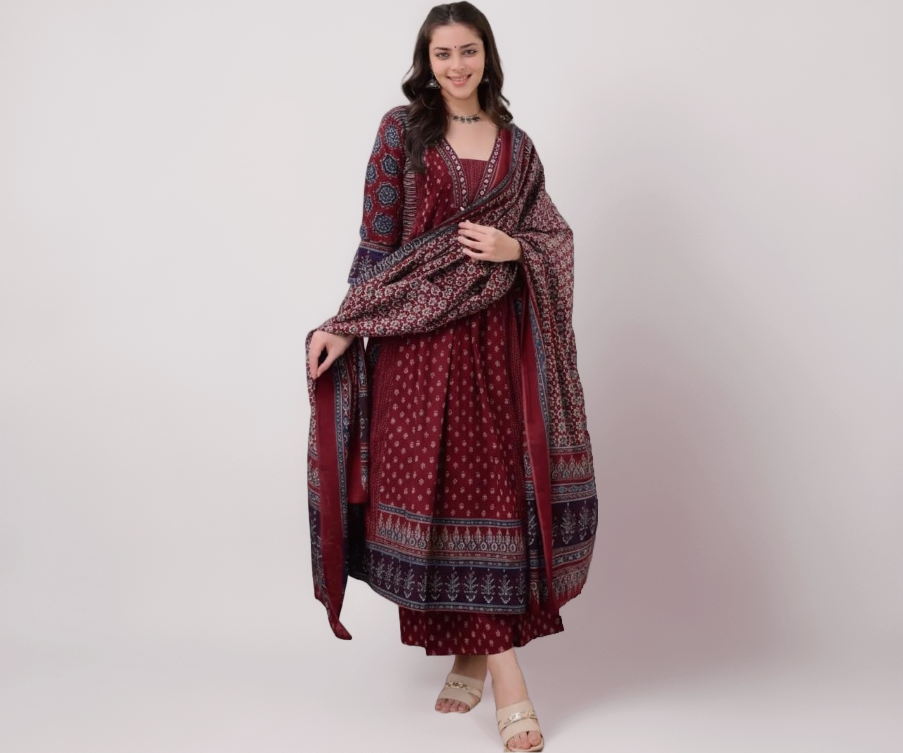 KLOSIA Women's Rayon Printed Anarkali Kurta and Pant with Dupatta Set