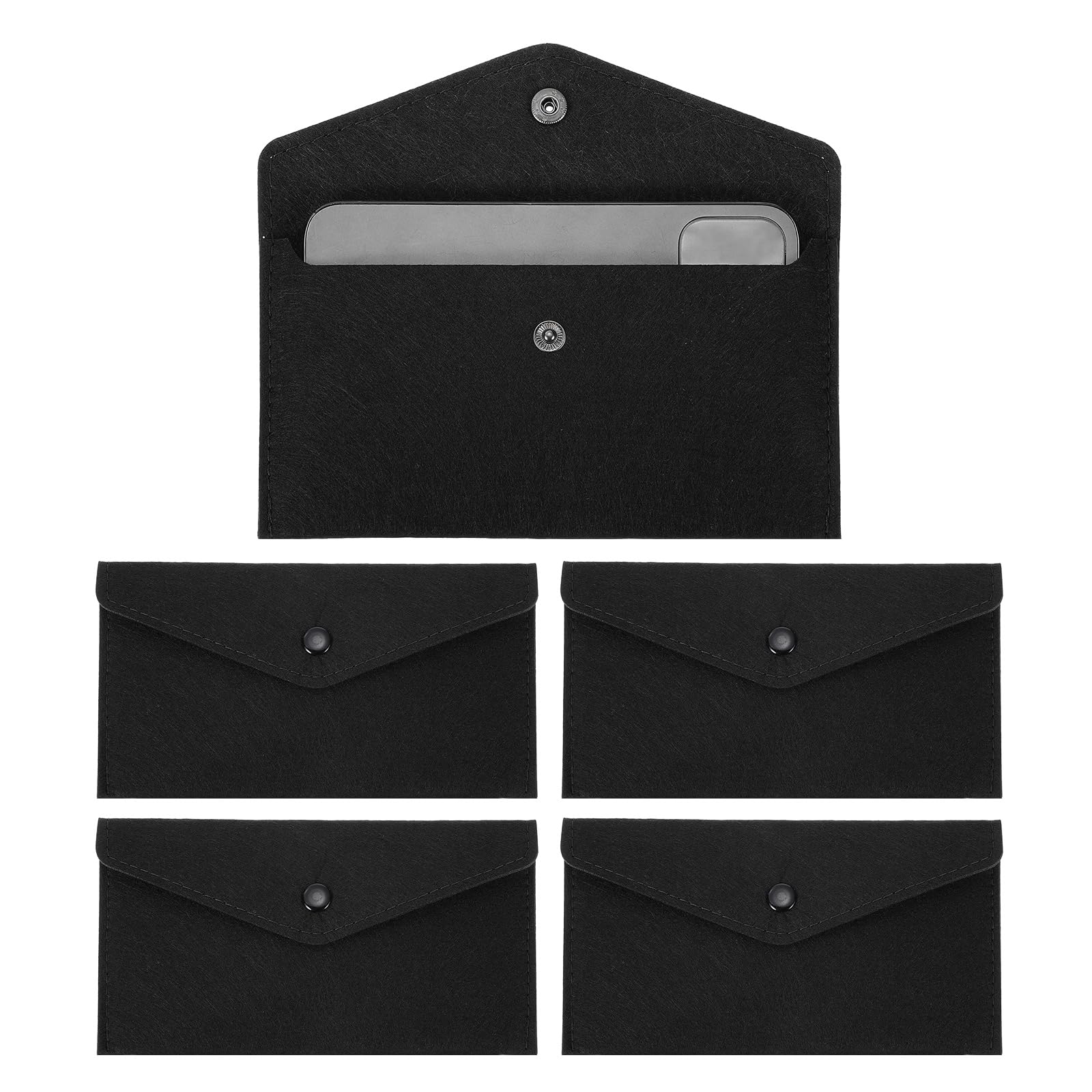 PATIKIL 5Pcs Felt Money Bag, Felt Cellphone Sleeve Case Pouch Cash Bag Button Closure Cash Envelope Wallet Storage Pouch for Card Pen Sunglasses, Black