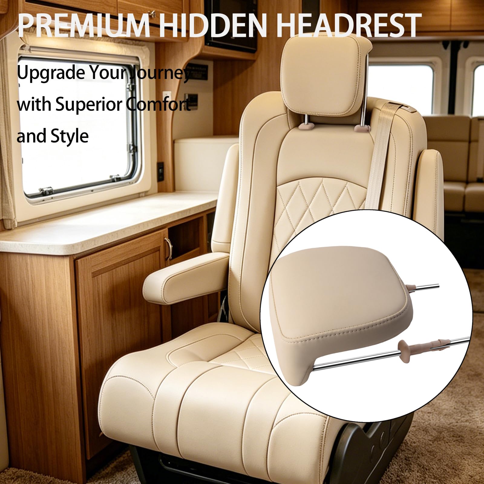 Appui-tête de voiture caché avec tiges en cuir beige ergonomique, compact et réglable, coussin de rechange pour siège de véhicule récréatif, van, SUV, camion, camping-car, confort intérieur