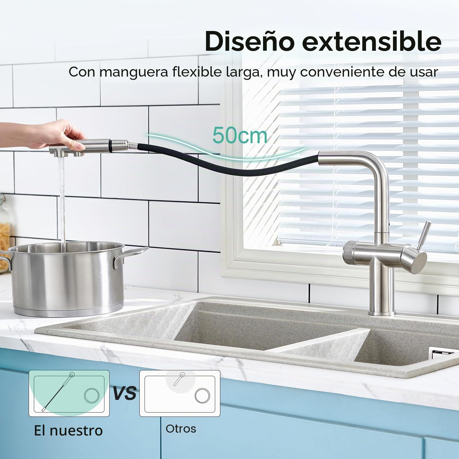 Faustina Grifo de cocina de 3 vías con ducha extensible acero inoxidable