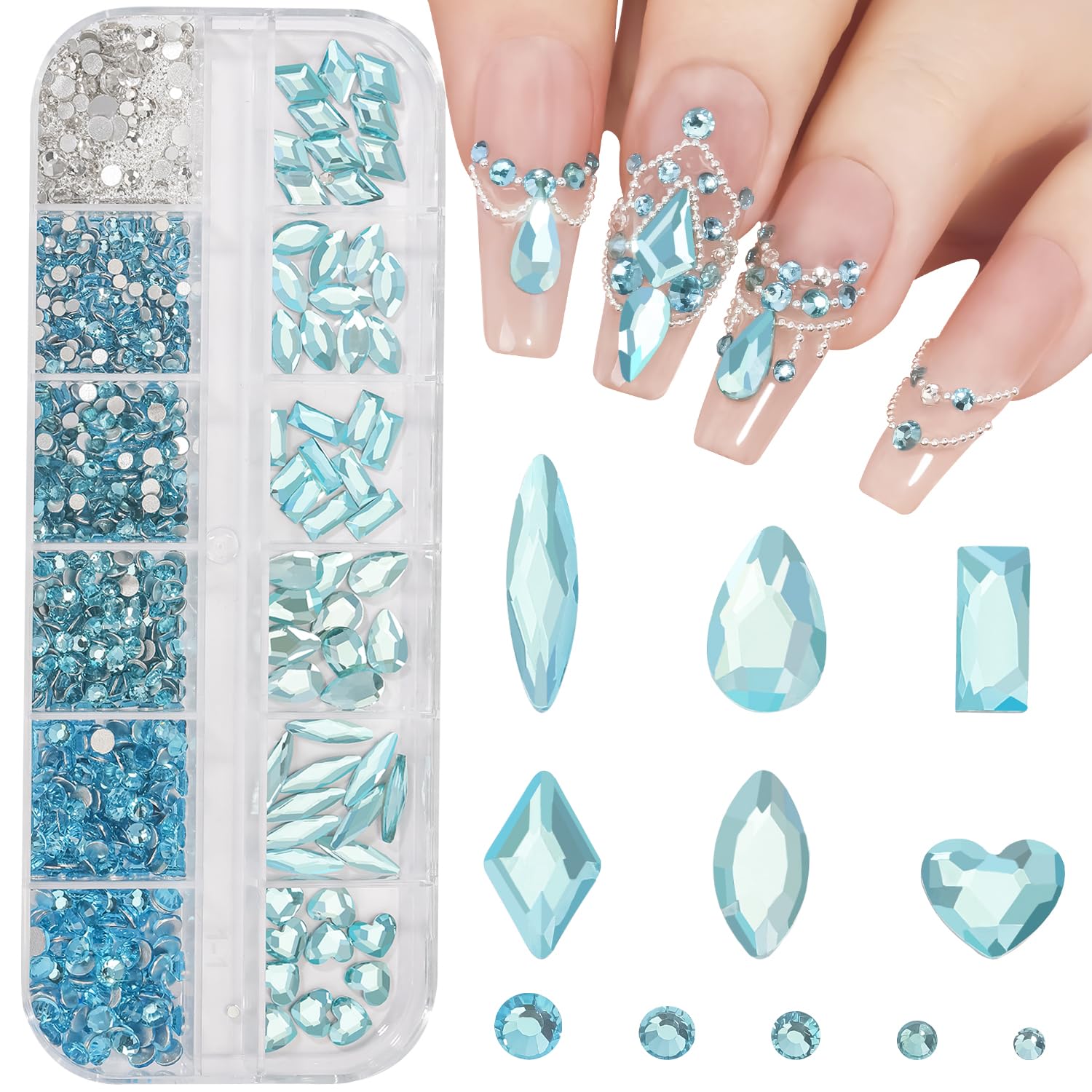 Multi Shapes Lake Blue 3D Glass Crystal Nail Art Rhinestones Kit with 0.8mm Round Bead Charm Flatback Gem Stone Jewelry Diamond for Manicure Makeup DIY Craft Decoration