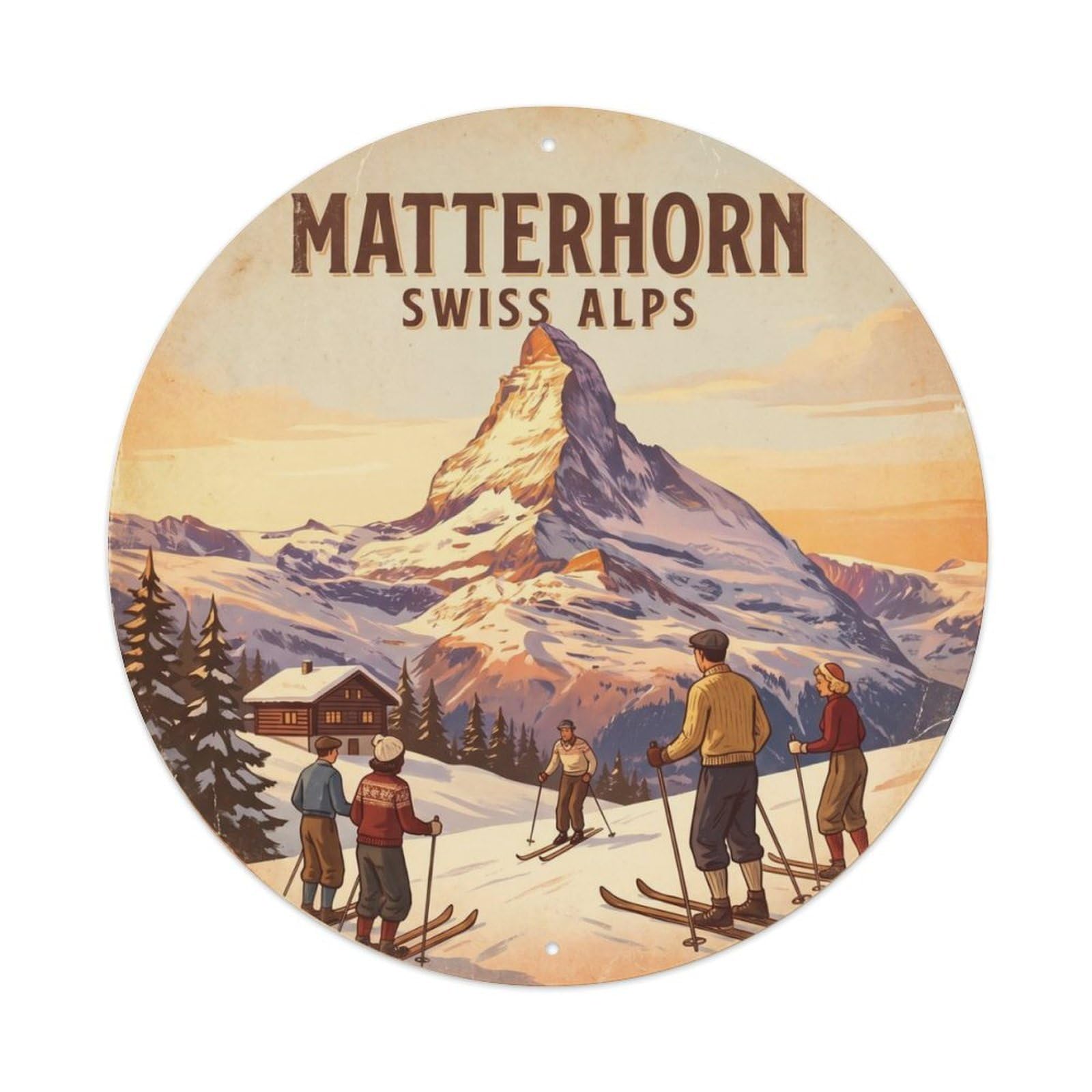 Vintage Travel Matterhorn Switzerland Metal Tin Sign Plaque Wall Decor for Cafe, Club Bar, Office, Home Garden Round Metal Poster 8x8Inch
