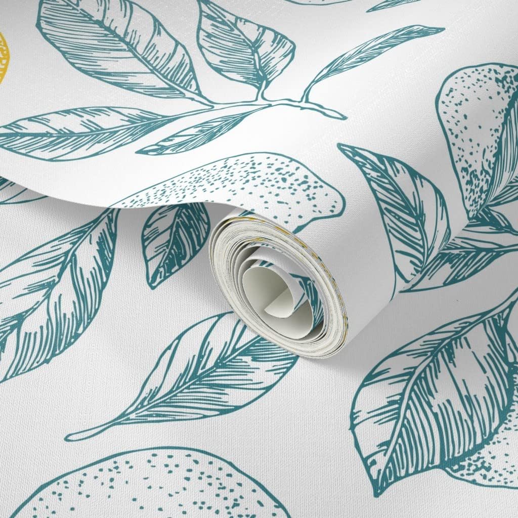Peel & Stick Wallpaper 9ft x 2ft - Pastel Watercolor Lemon Botanical Citrus Summer Kitchen Light Blue Custom Removable Wallpaper by Spoonflower