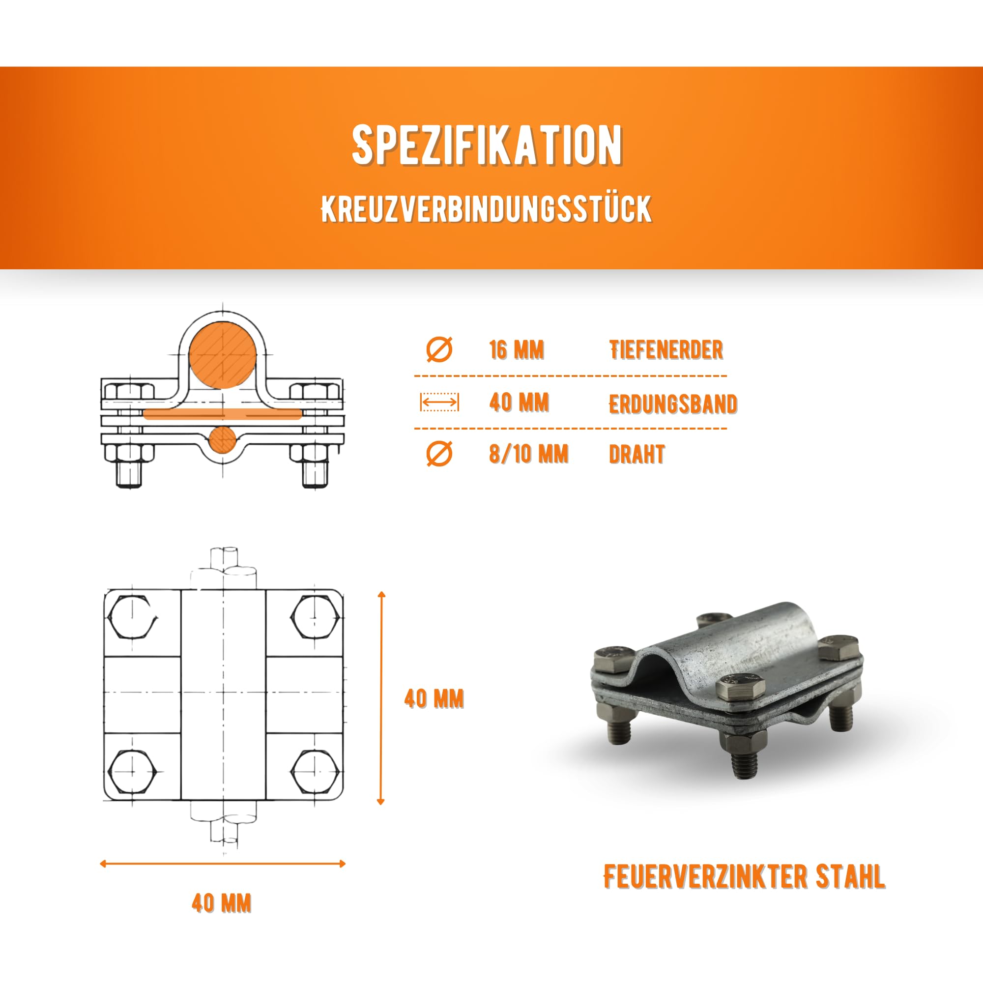 HausHeld® Erdungsspieß Set verzinkt 3m Ø16mm – Tiefenerder inkl. Einschlagspitze, Kreuzverbinder & Korrosionsschutzband | Für PV-Anlage, Blitzschutz & Elektroinstallation