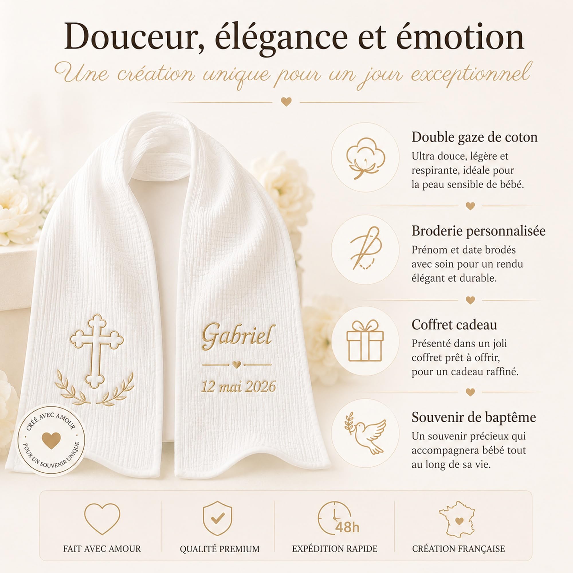 Écharpe de Baptême Personnalisée Bébé – Double Gaze de Coton Brodée Prénom & Date – Étole Baptême Blanche Douce et Légère – Cadeau Baptême avec Coffret Cadeau(Modèle 17)