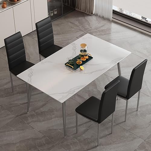 Juego de mesa de comedor de cristal para 4, juego de mesa de comedor moderno de 5 piezas con 4 sillas de poliuretano, mesa de vidrio de 63 pulgadas, disponible en Yaxa Colombia