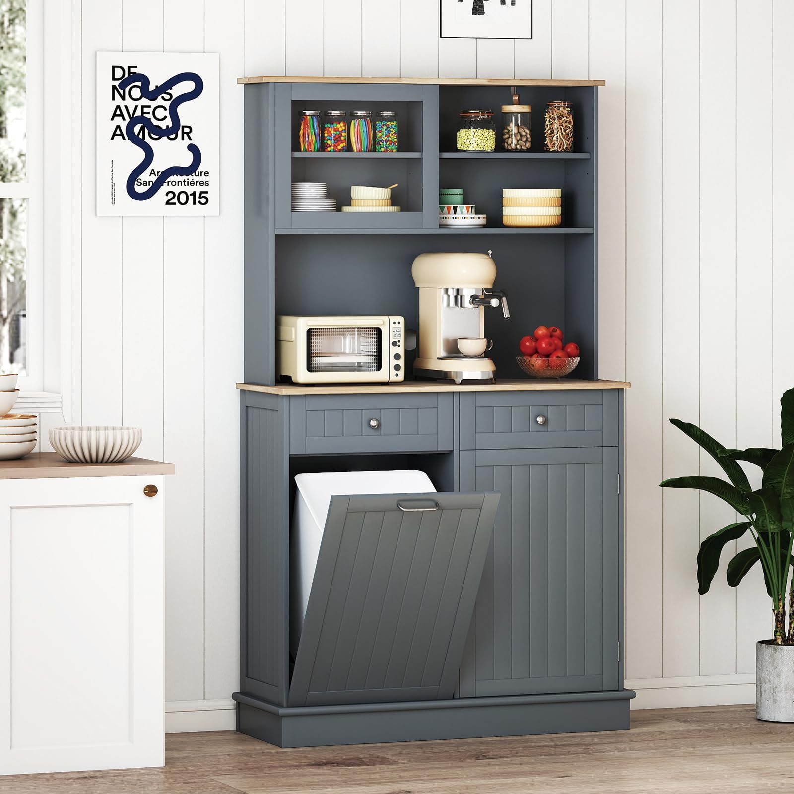 KOMFOTTEU Buffet Haut avec Support pour Poubelles, Colonne de Cuisine avec 2 Tiroirs & 2 Armoires à Portes, Meuble Rangementd de Cuisine, Plan en Bois Massif, 100 x 34 x 172 cm (Gris)