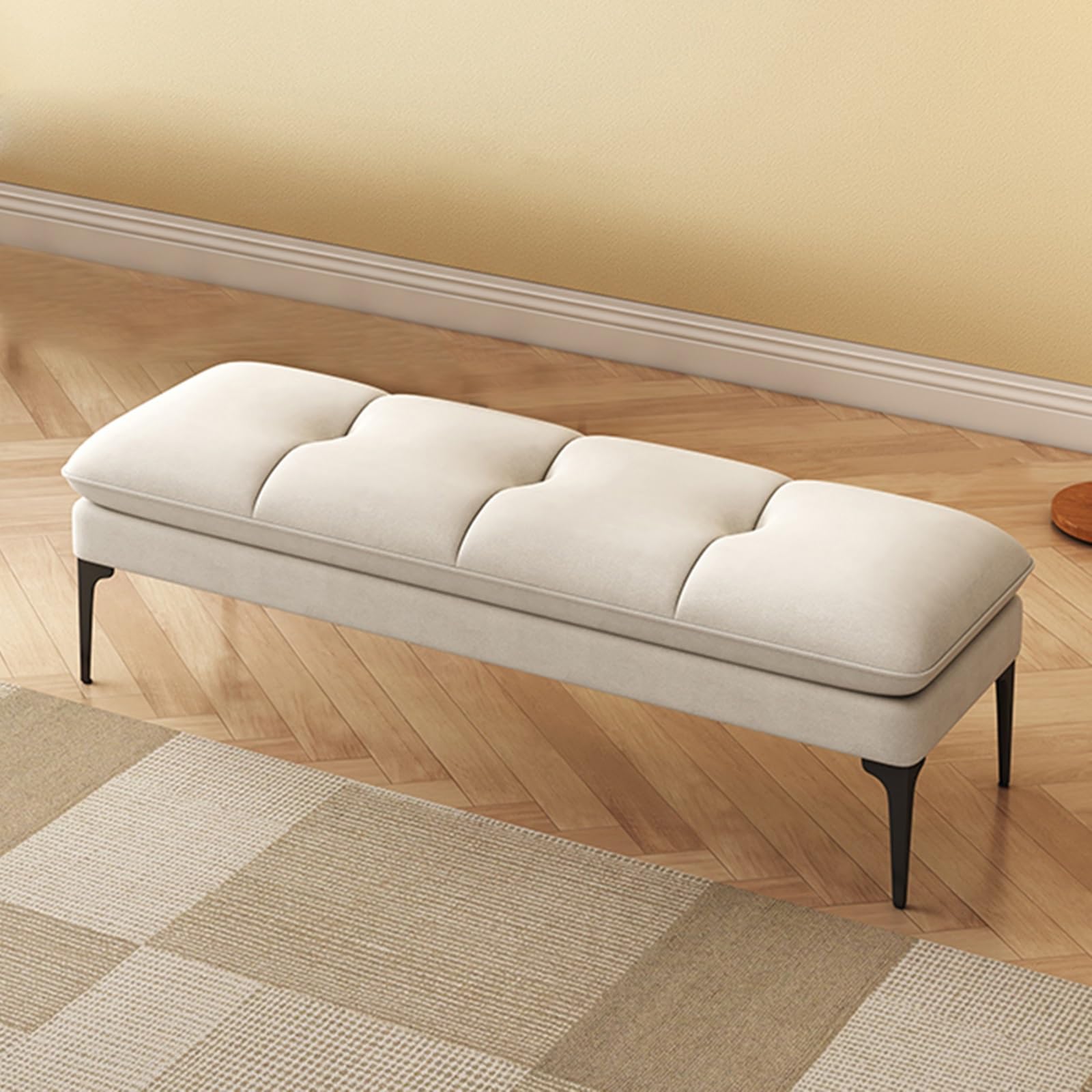 Moderne Stoffbank Schlafzimmerbank Polsterbank Bettende Bank Wohnmöbel | Metallbeine Hochdichter Schaumstoff Sitzkissen Eingangsbank Flurmöbel Schminkhocker Akzentmöbel(Off-White,80*40*40cm)