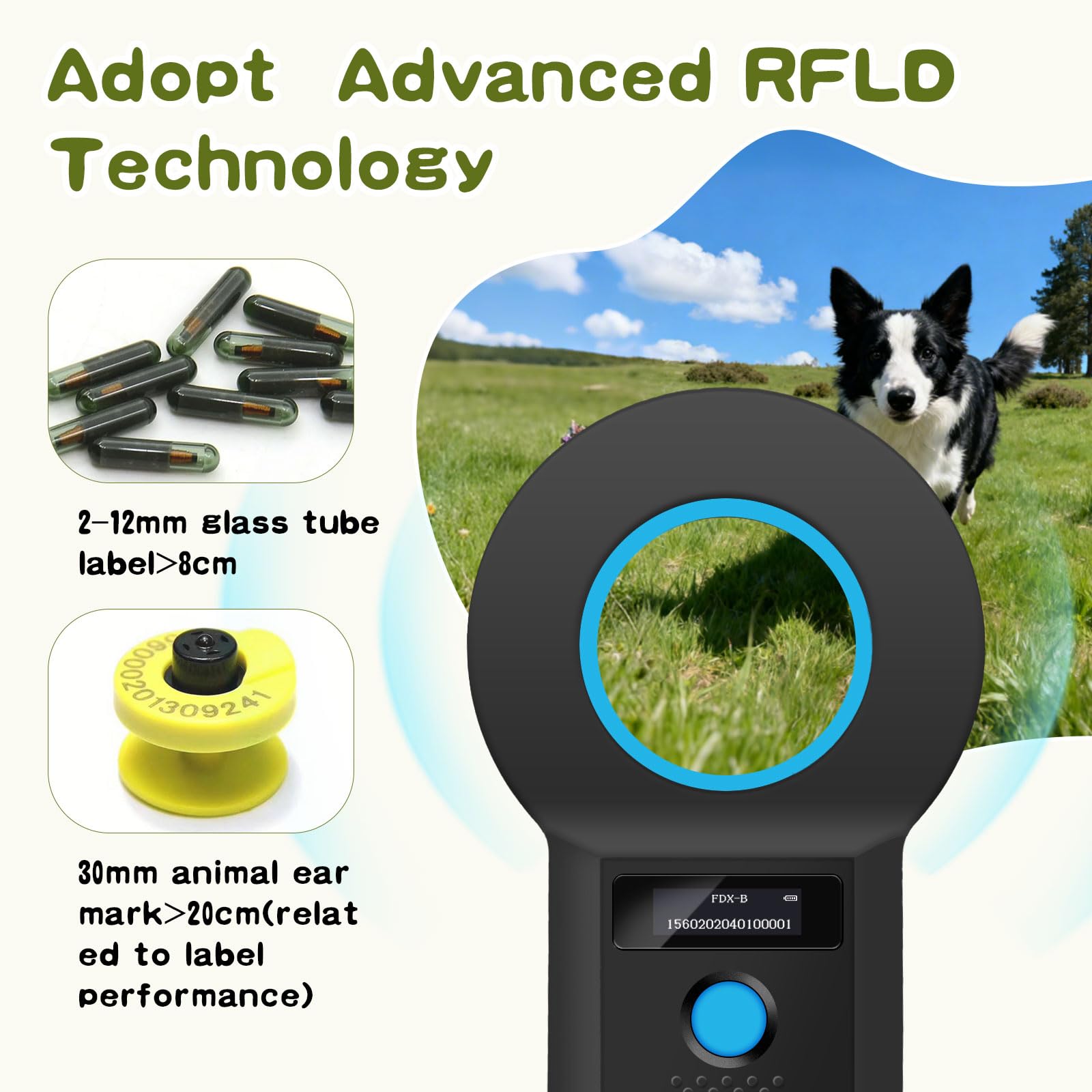 Lector de identificación de mascotas, lector de chips Bluetooth para animales, lector de microchip RFID de 134,2 kHz 125 kHz con brillo OLED indicador 128 unidades de almacenamiento de información