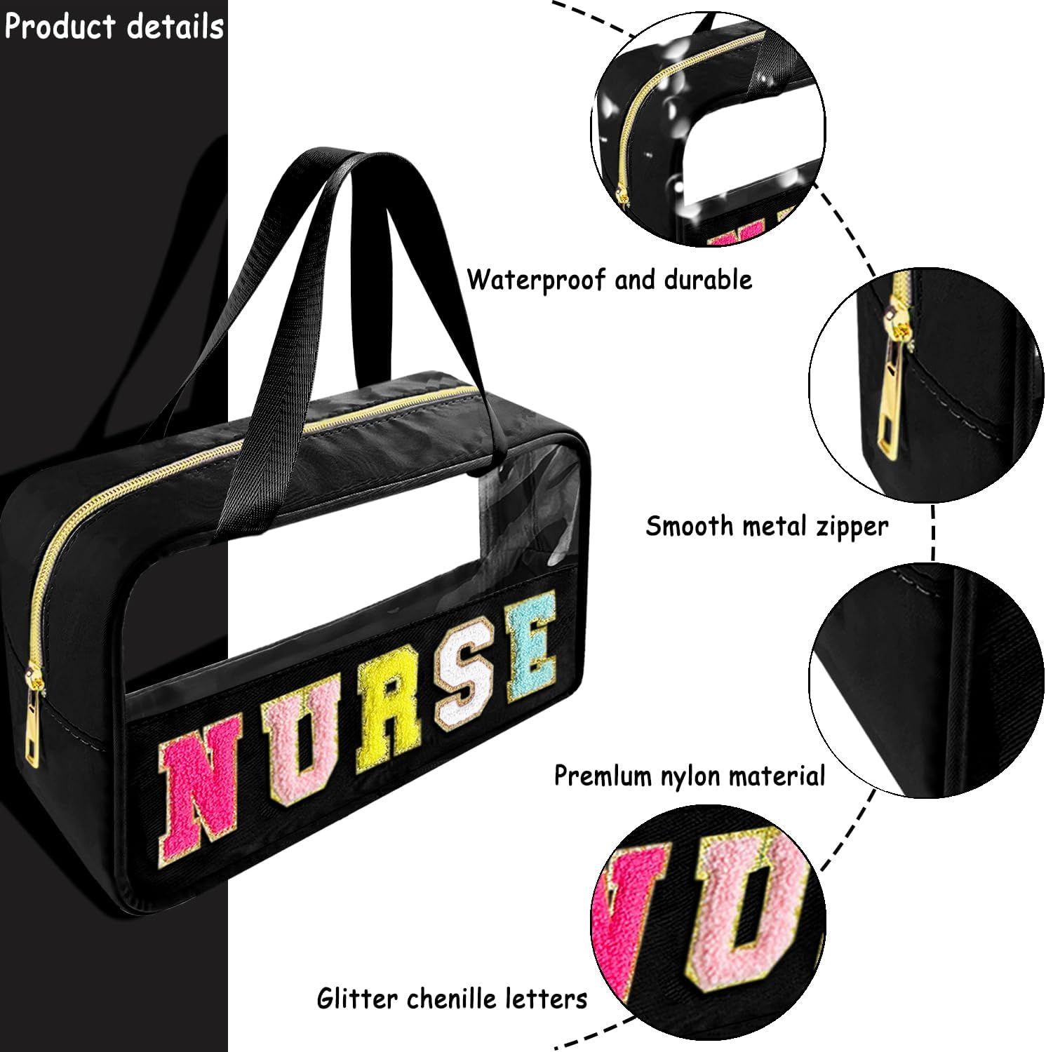 Chenille Letter Clear Makeup Bag Nurse Patch, Travel Toiletry Makeup Bag with Handle, Nylon Waterproof Makeup Bags clear cosmetic bag, preppy patch makeup bag for Women (NURSE-Black) - Image 3