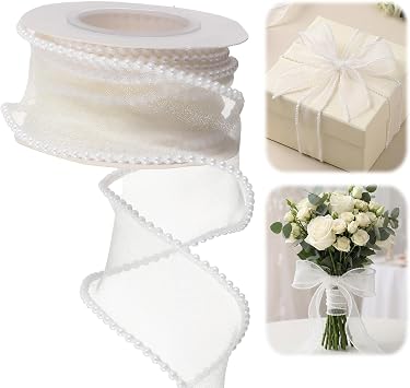 5 Yards Pearl Edge Ribbon, Organza Transparent Ribbons Rolls Ivory | Smooth Faux Pearl Edge Ribbon 40mm Sheer Mesh Ribbons for Gift Wrapping Bouquet Decor Crafts