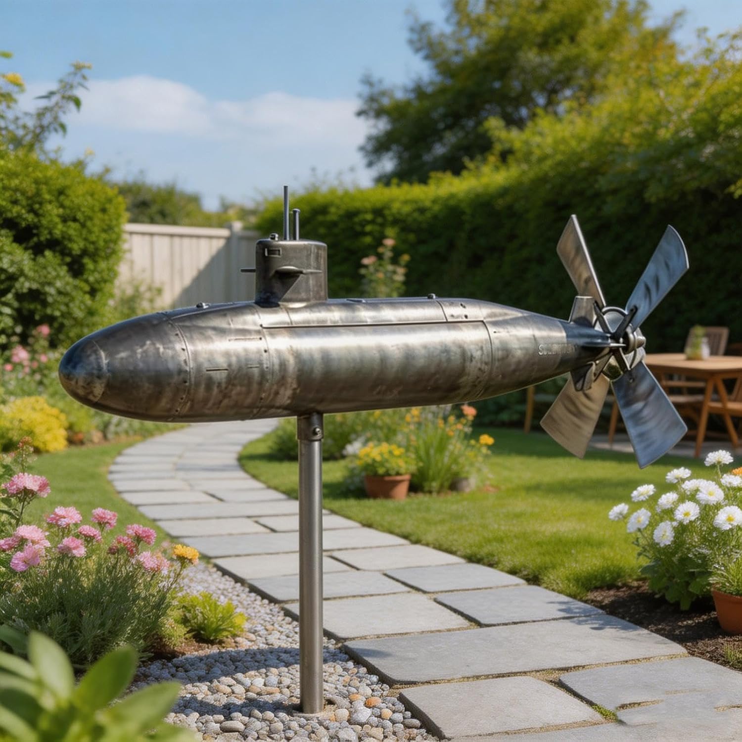 Navy Submarine Wind Spinner, Outdoor Garden Decor with Rotating Propeller Blades, Creative Yard Windmill Sculpture for Patio Lawn & Garden, Eye-Catching Kinetic Art Outside Hanging Ornament (Black)