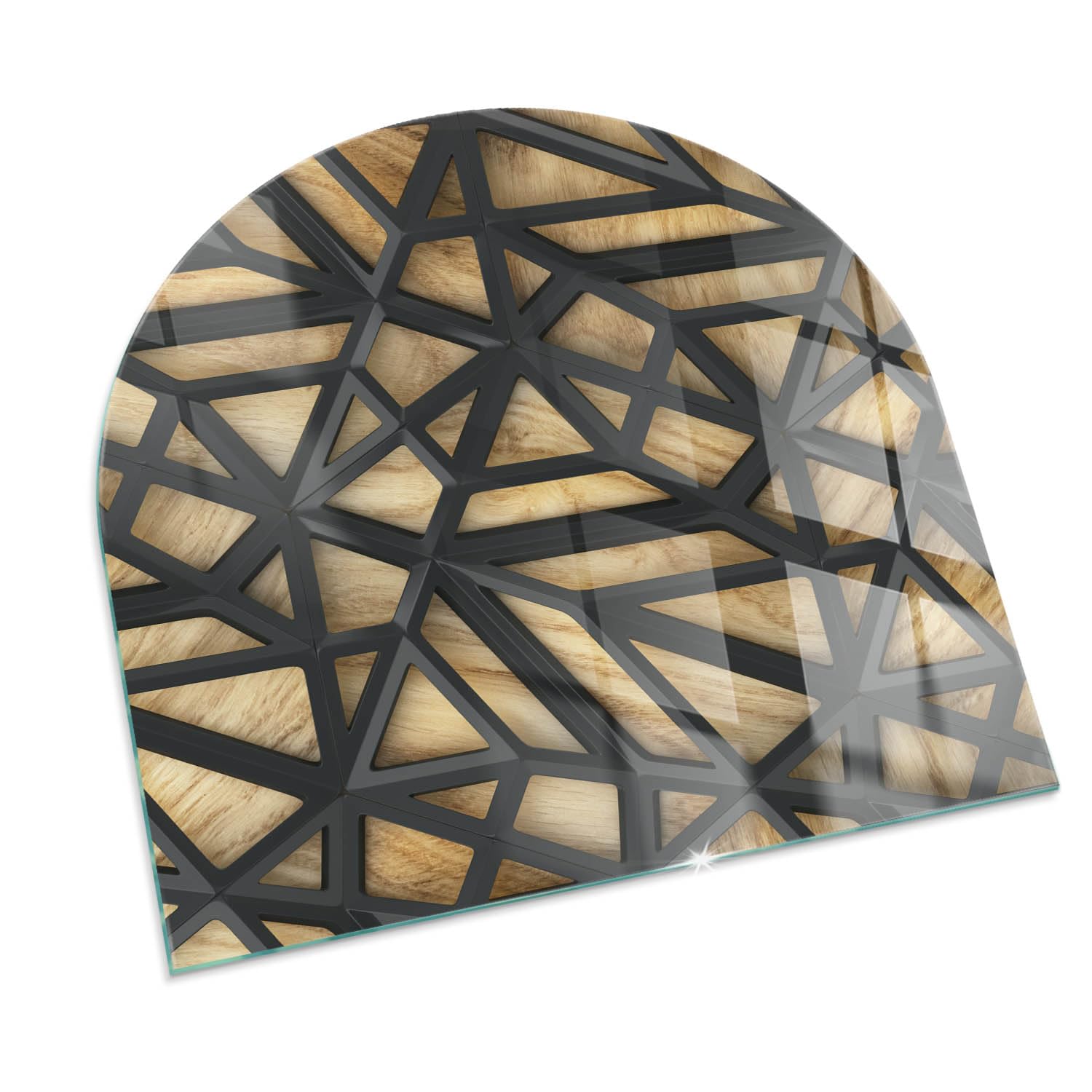 Verre Trempé pour Cheminée 100x100 cm pour Poêle Demi-Ronde Résistant à la ChaleurProtecteur de Sol Imprimé Élégant Plaque de Protection Contre Les Étincelles - Géométrie avec Le Bois