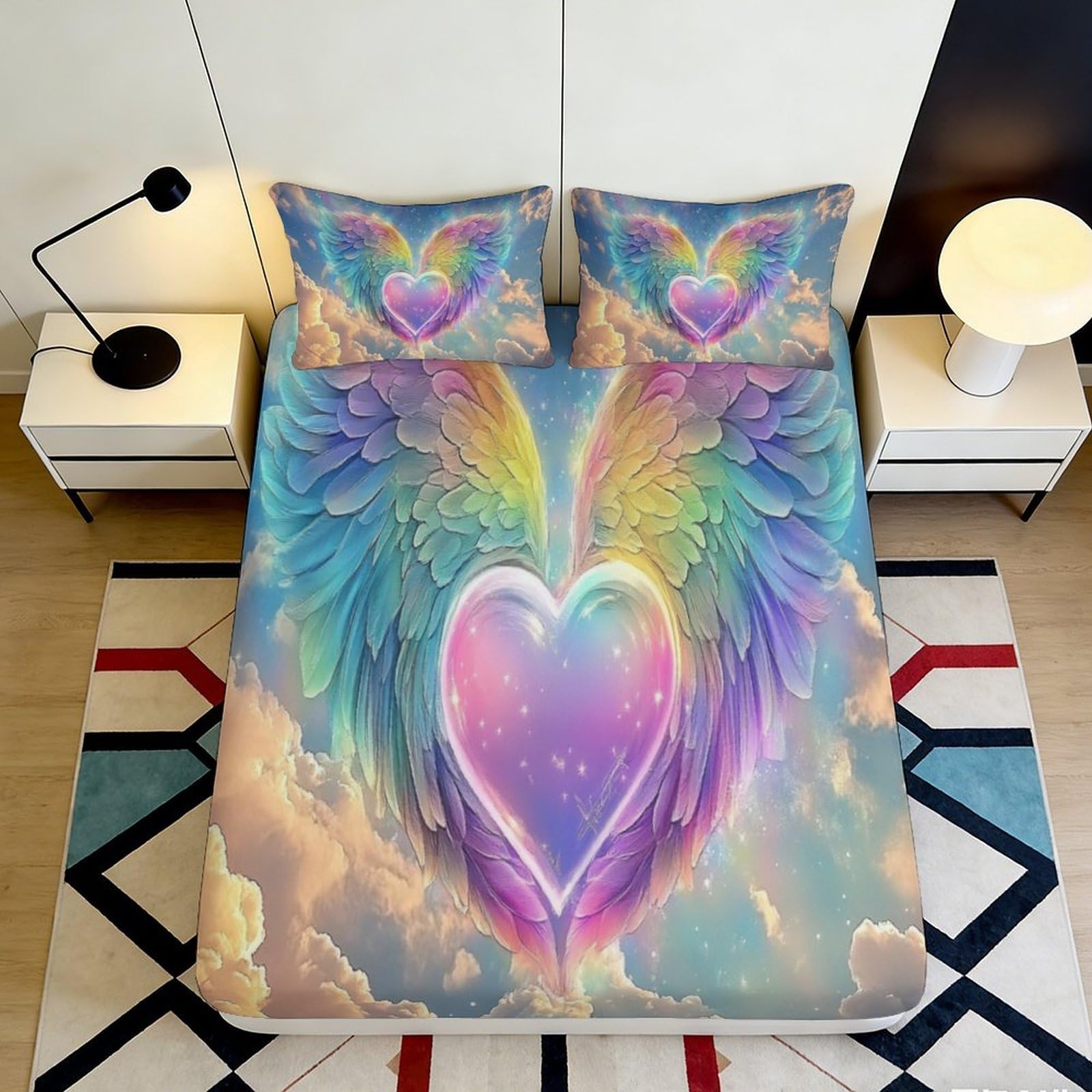 3D Printed Rainbow Angel Wings Fitted Sheet Microfiber Soft Breathable Purple Heart Bed Cover for Bedroom Dormitory Guest Room Mattress Protection Decor 180x200x25cm