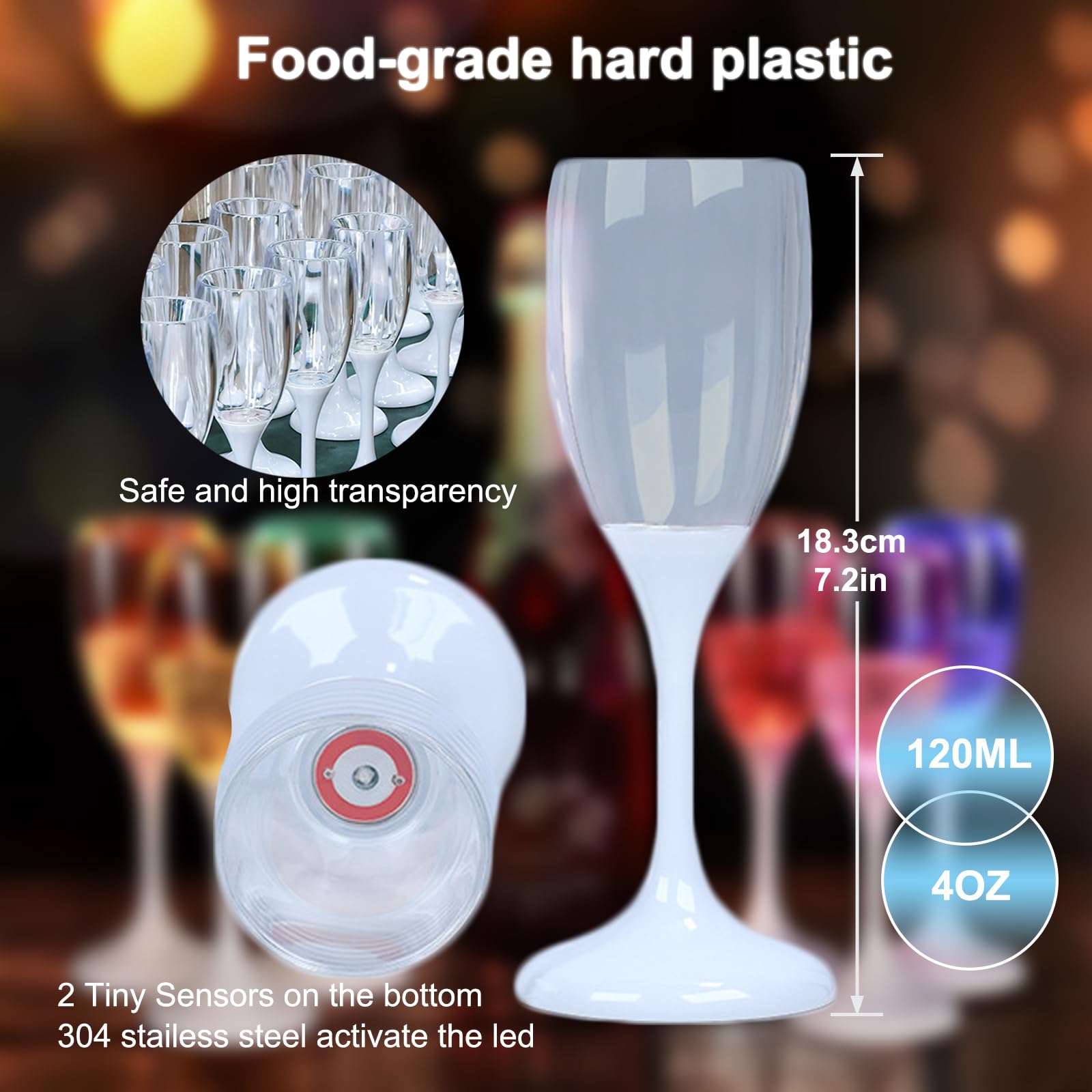 LED-Champagnergläser, Wasser-Flüssigkeit, aktiviert, beleuchtet, 120 ml, leuchtende Weingläser, farbige Champagnerflöten, Trinkkelche, 6 Stück