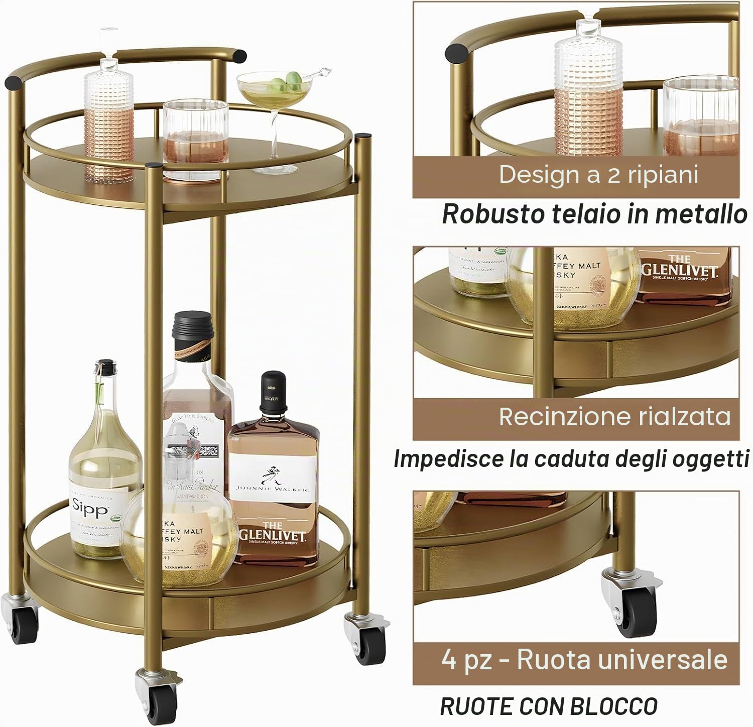 Huhote Carrello da portata a 2 livelli, carrello da cucina, carrello a 2 ripiani, carrello da bar rotondo, carrello per bevande, scaffale da cucina su ruote, carrello portaoggetti con ruote regolabili