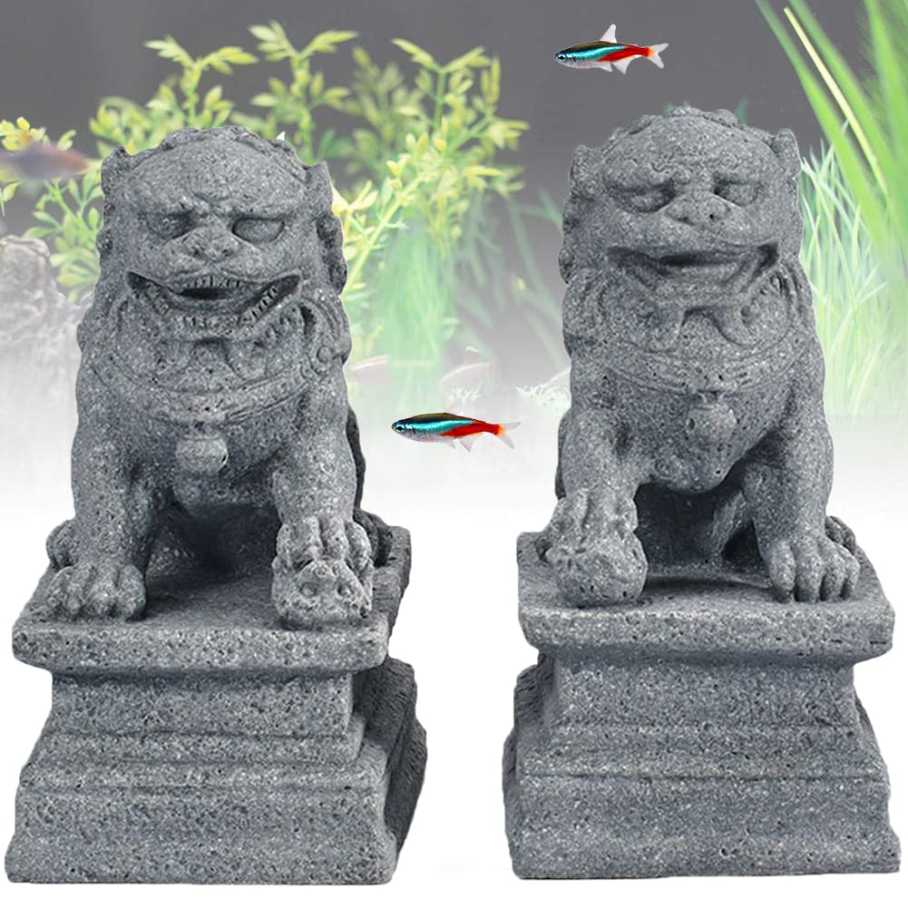 livelyfish Asian Fu Foo Dogs Statues A Pair of Two Guardian Lion Sandstone Figurine Pets Fish Tank Aquarium Landscape Ornaments Accessories Feng Shui Decorations, B