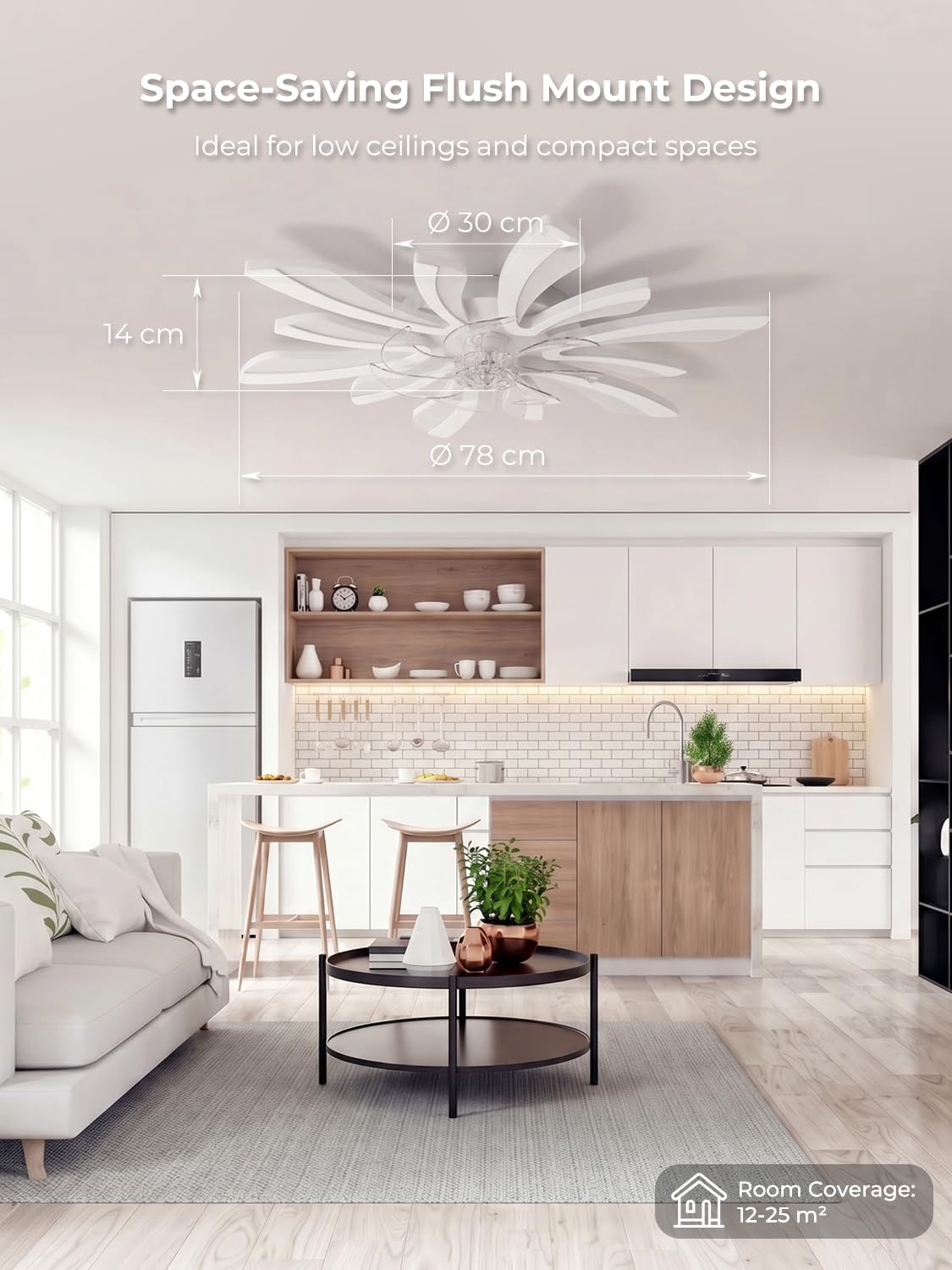 Smart Lampadario con Ventilatore da Soffitto, WiFi Plafoniera con Ventilatore Compatibile con Alexa Google Home, Lampada con Ventola Techo per Camera da letto, Cucina, Bianco