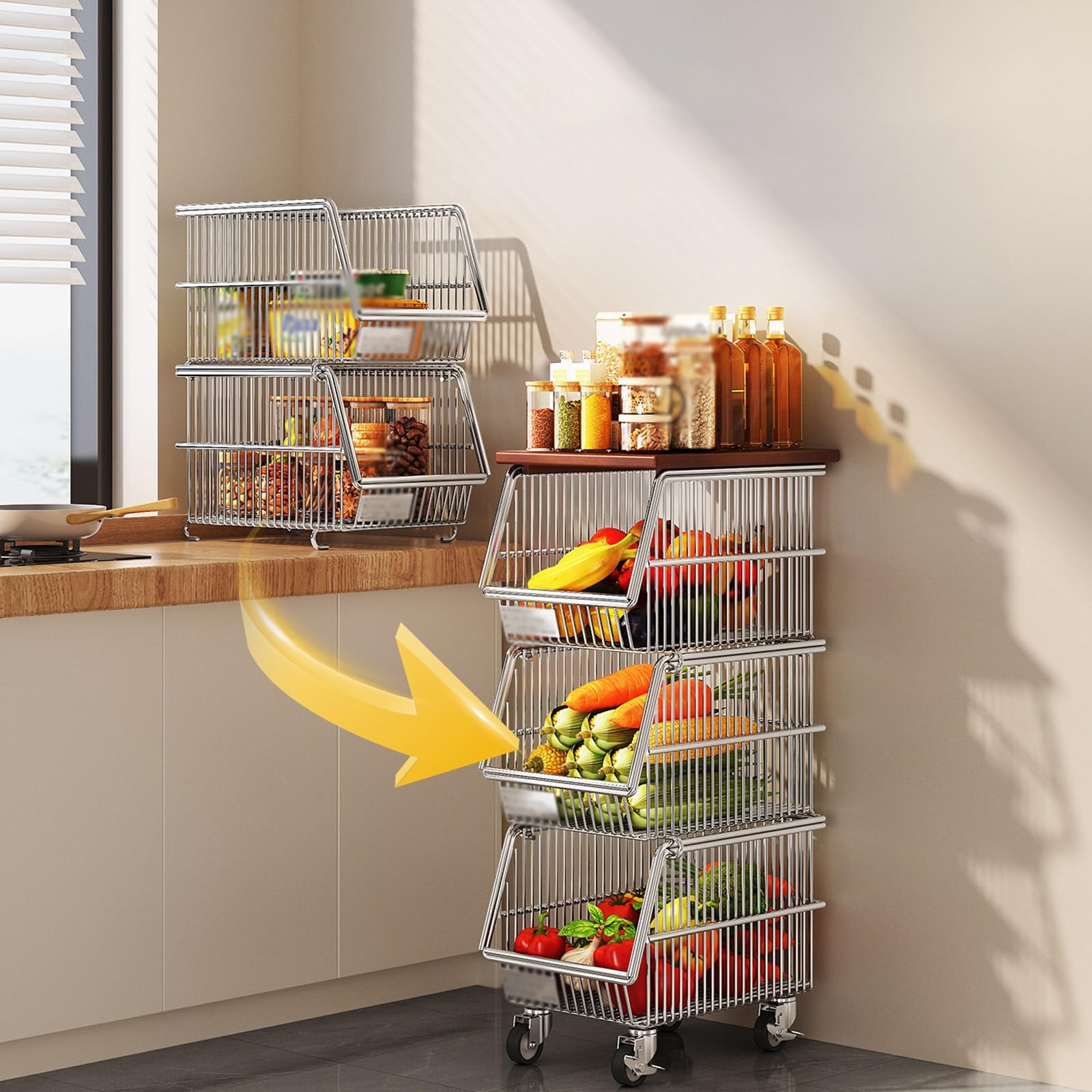 3 Niveaux Paniers En Fil Métallique Avec Roues, Corbeille À Fruits Panier De Fruits Et Legumes Support De Rangement Légumes Et Fruits Panier Rangement Salle De Bain