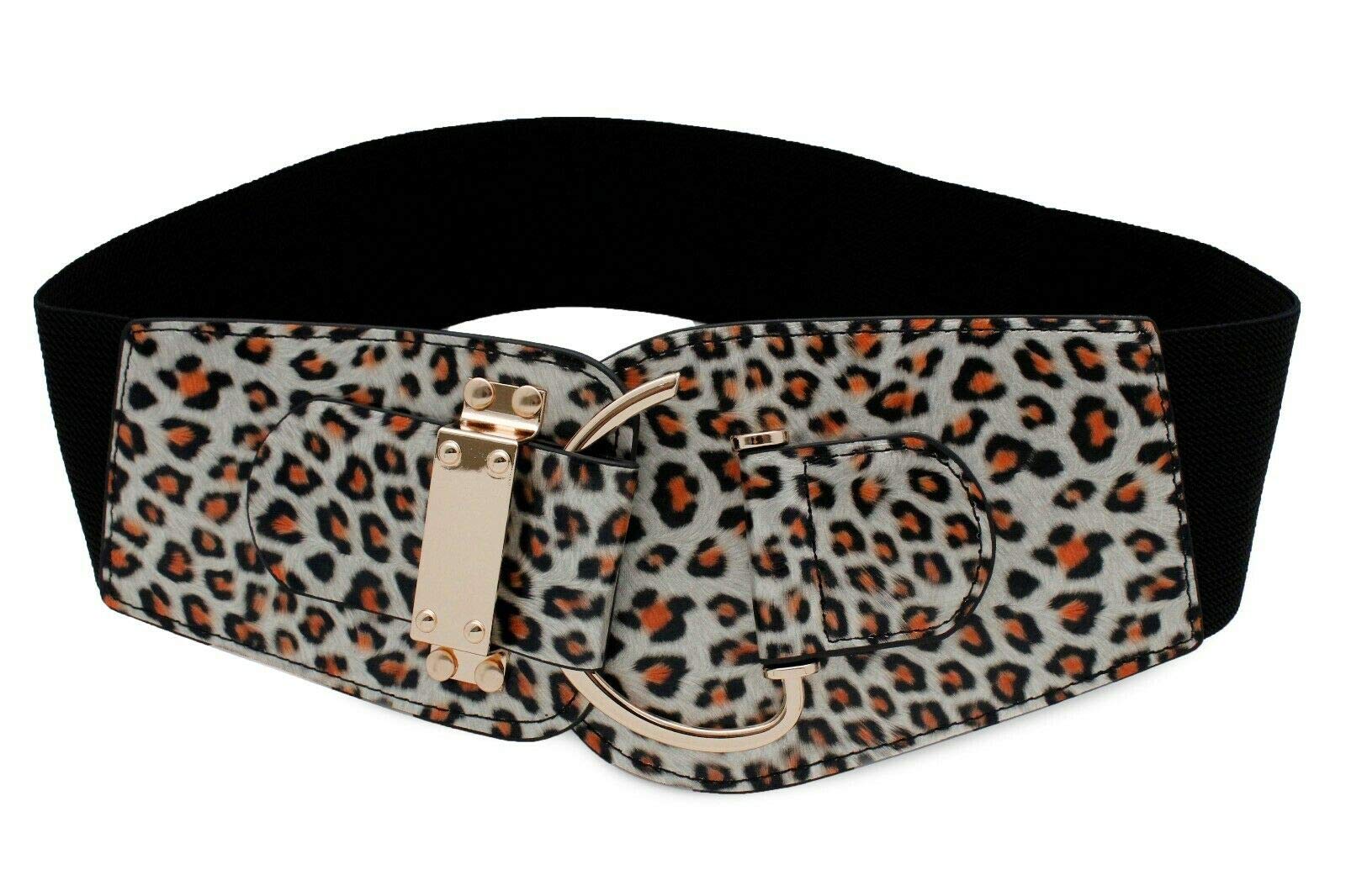 Women Elastic Wide Leopard Belt Hip Waist Gold Metal Hook Buckle S M