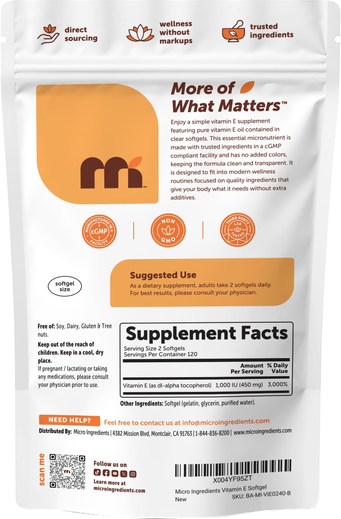 Micro Ingredients Vitamin E 1000 IU (450 mg) Per Serving, 240 Softgels | Daily Vitamin E Supplement | 4-Month Supply | Non-GMO, Gluten Free — Amazon image 7