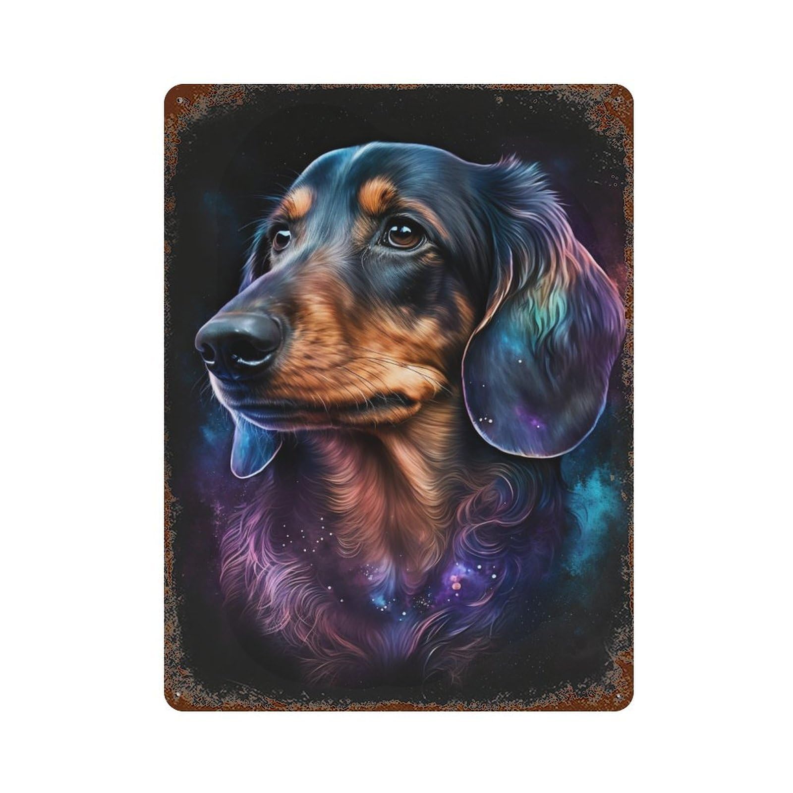 Rust Effect Galactic Dachshund Portrait -3 Rustic Tin Plaque 15.7"x11.8", Shabby Chic Decor for Basement, Hobby Room And Garage Decor