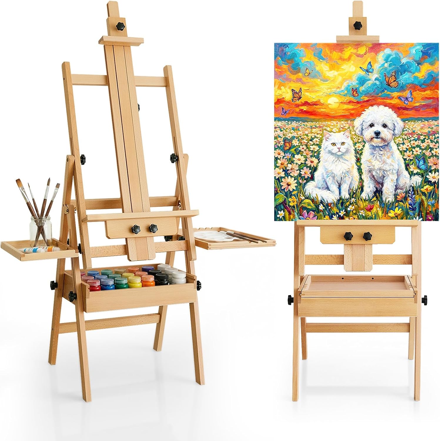 Beech Wood Art Easel with Storage, Foldable Wooden Painting Easel Stand for Painting,H-Frame Art Easel for Adult Artist Studio,Adjustable Paint Easel with Tray,Standing Paint easel for Canvas Painting